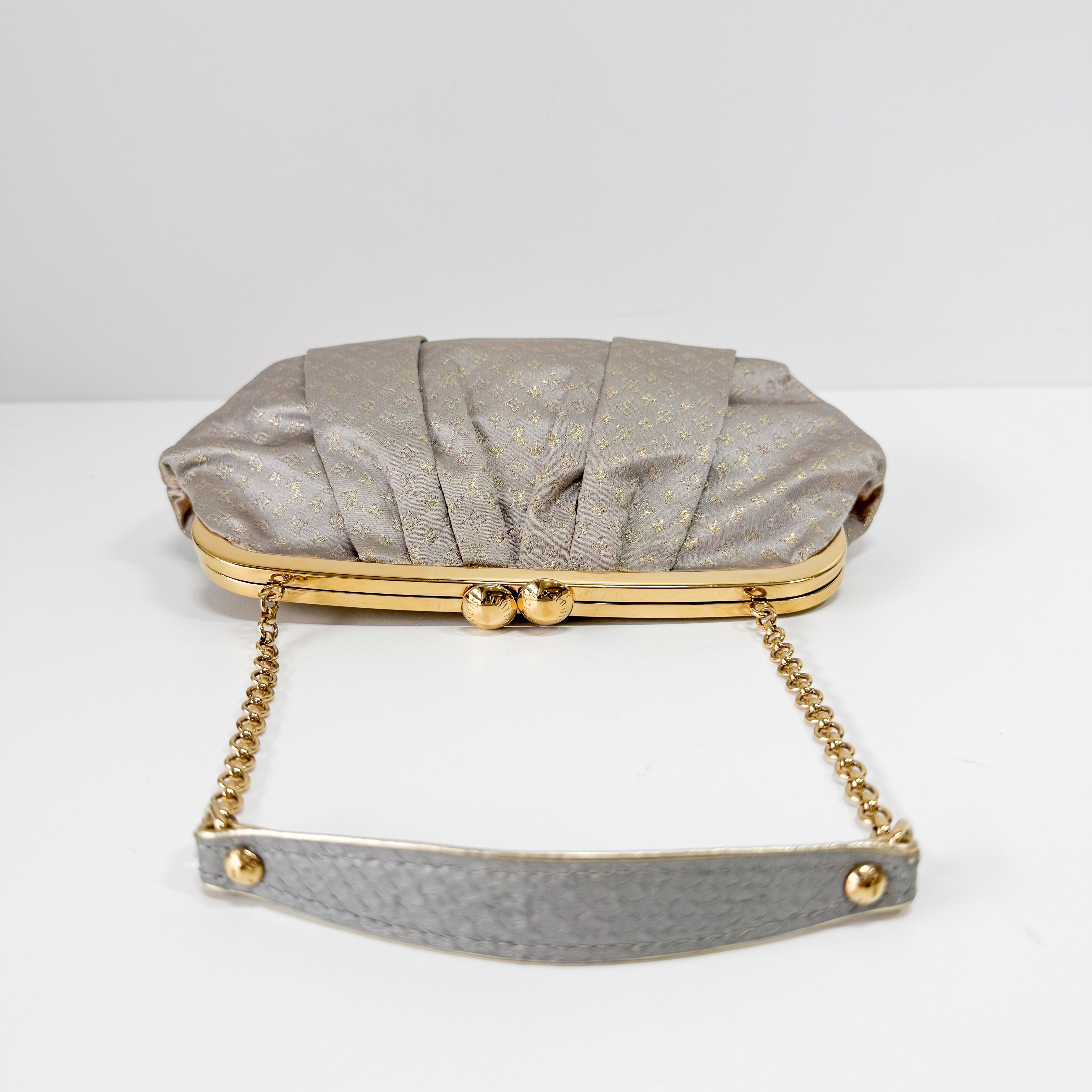 Aumoniere Silver Satin Monogram Clutch with Handle