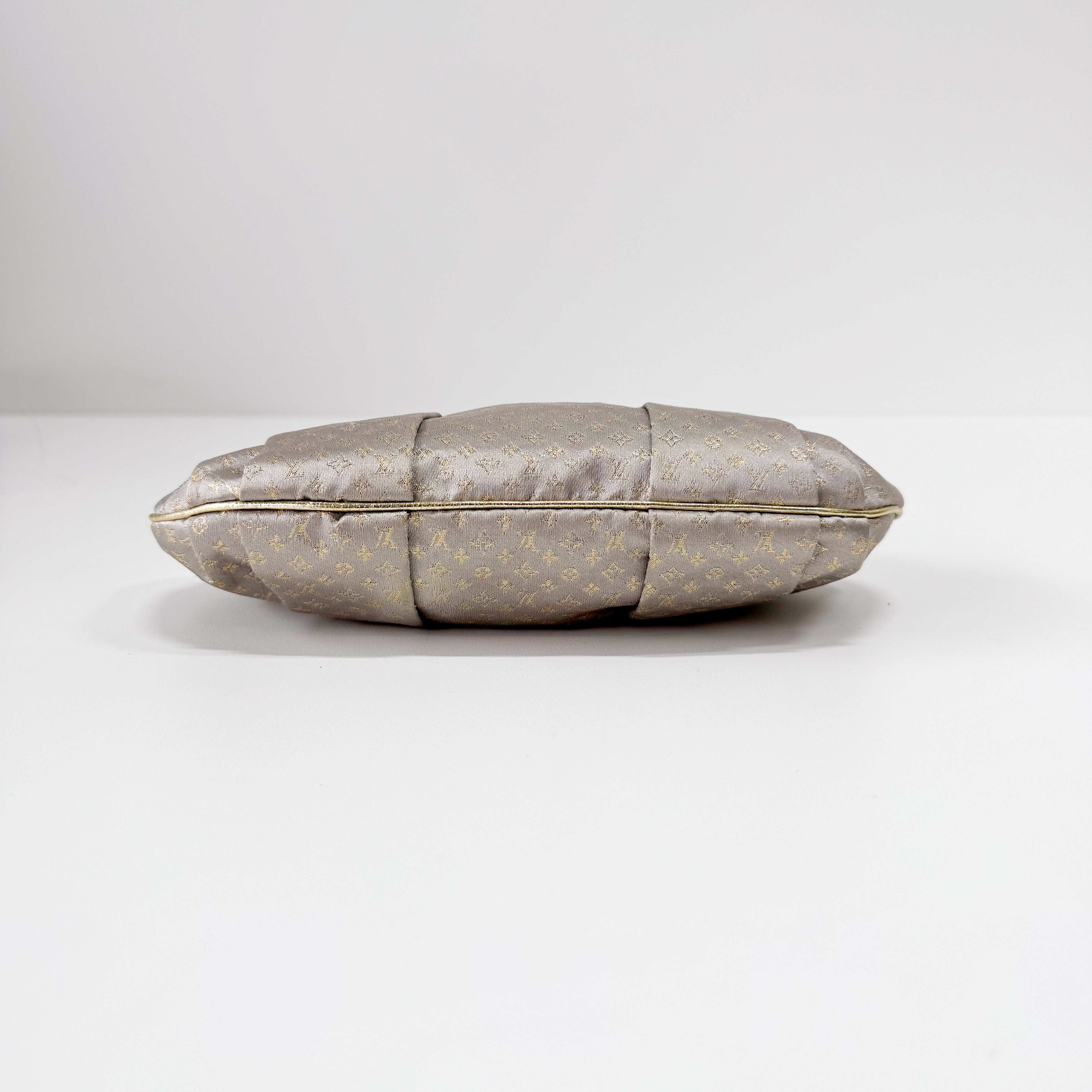 Aumoniere Silver Satin Monogram Clutch with Handle