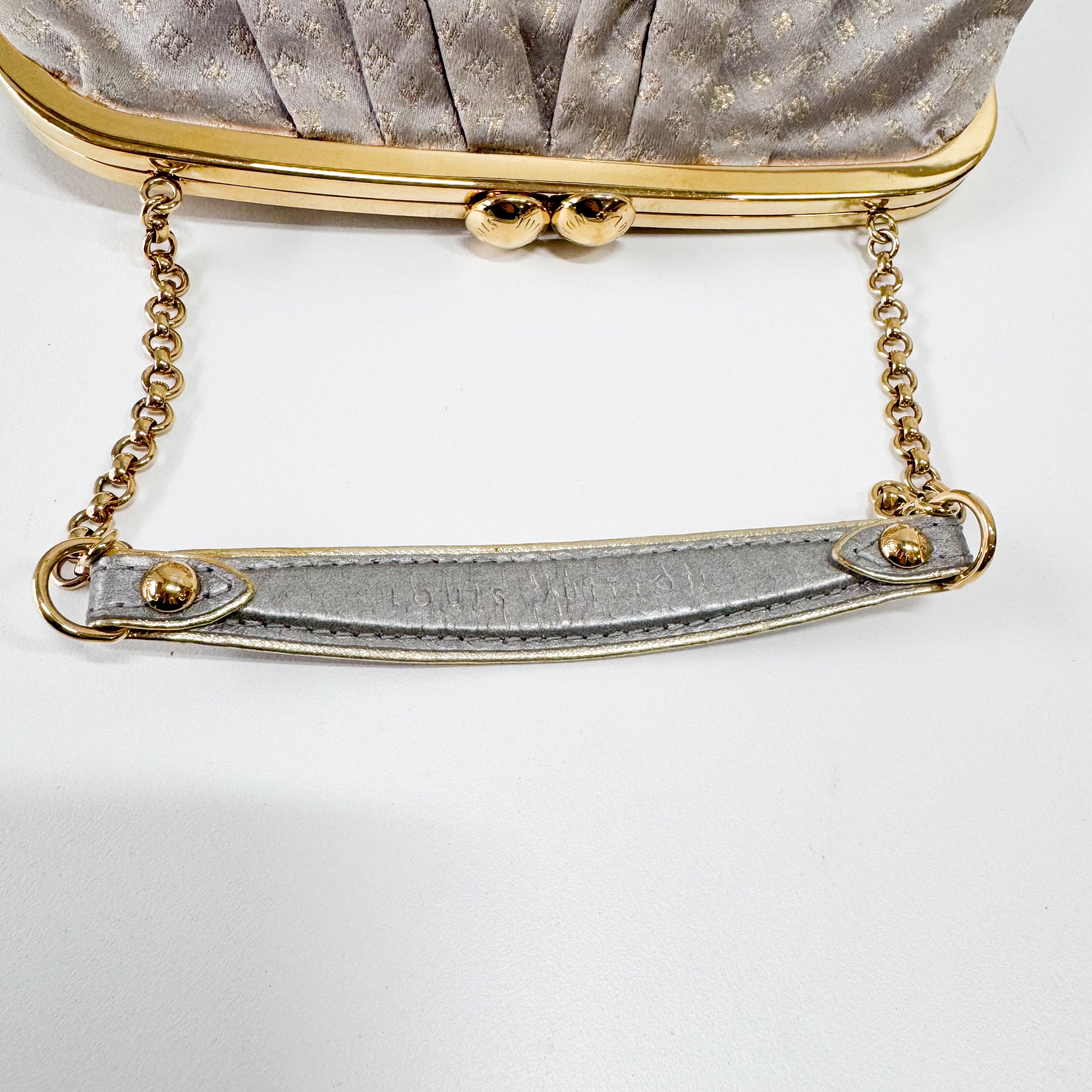 Aumoniere Silver Satin Monogram Clutch with Handle