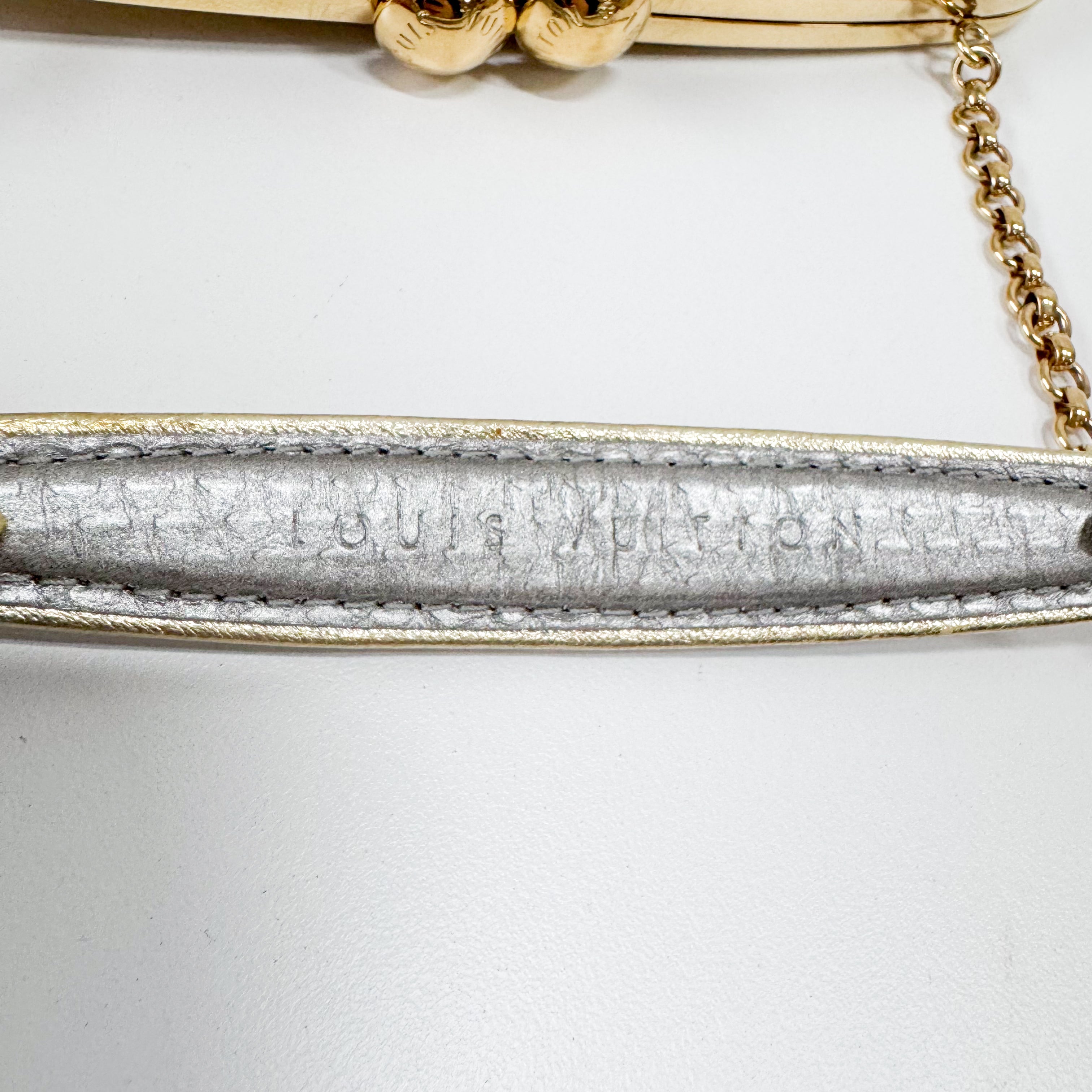 Aumoniere Silver Satin Monogram Clutch with Handle