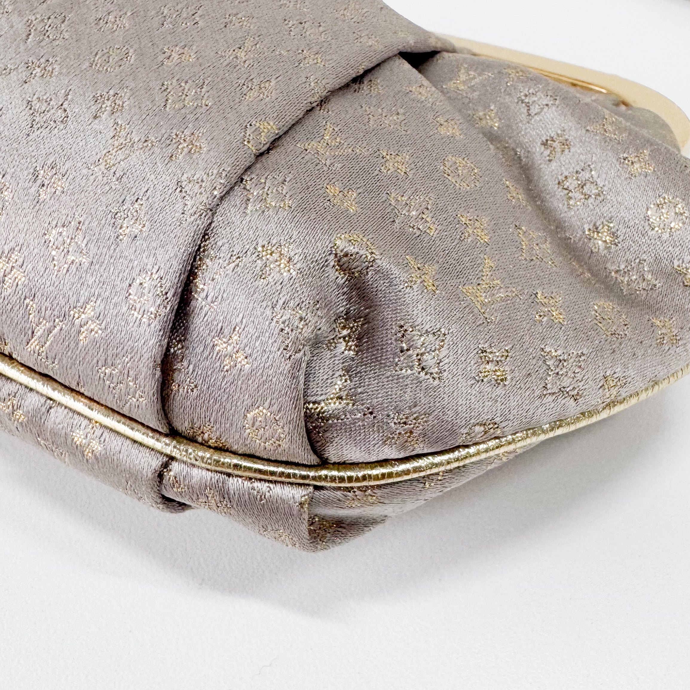 Aumoniere Silver Satin Monogram Clutch with Handle