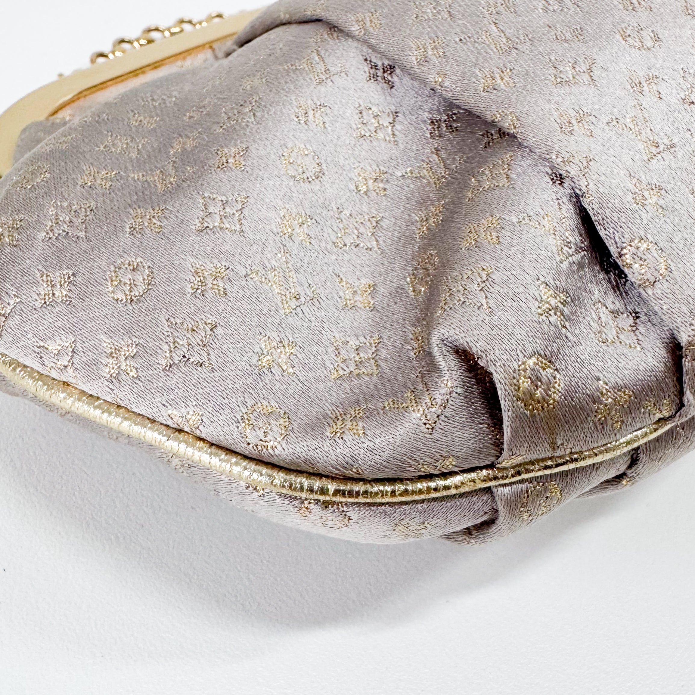 Aumoniere Silver Satin Monogram Clutch with Handle