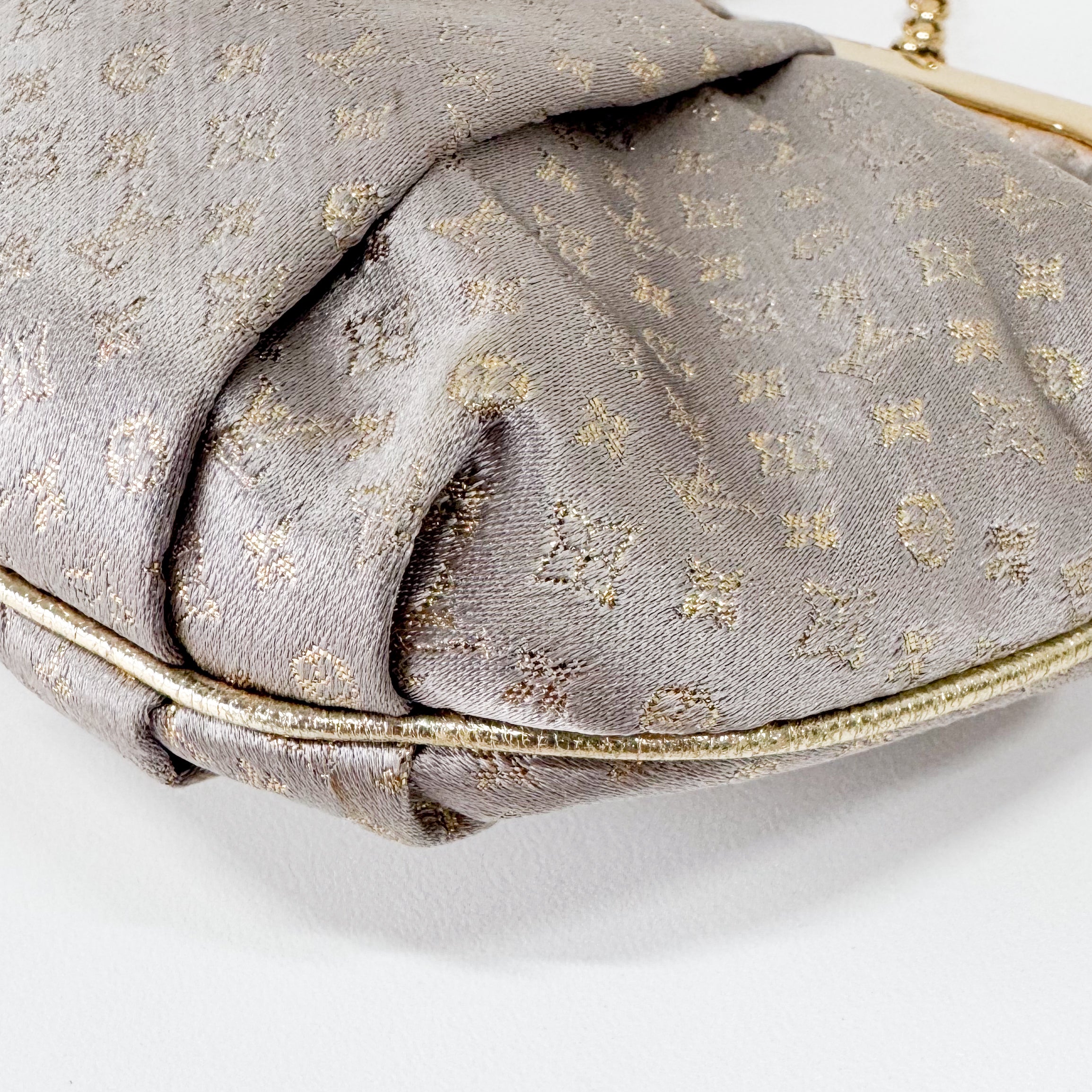 Aumoniere Silver Satin Monogram Clutch with Handle