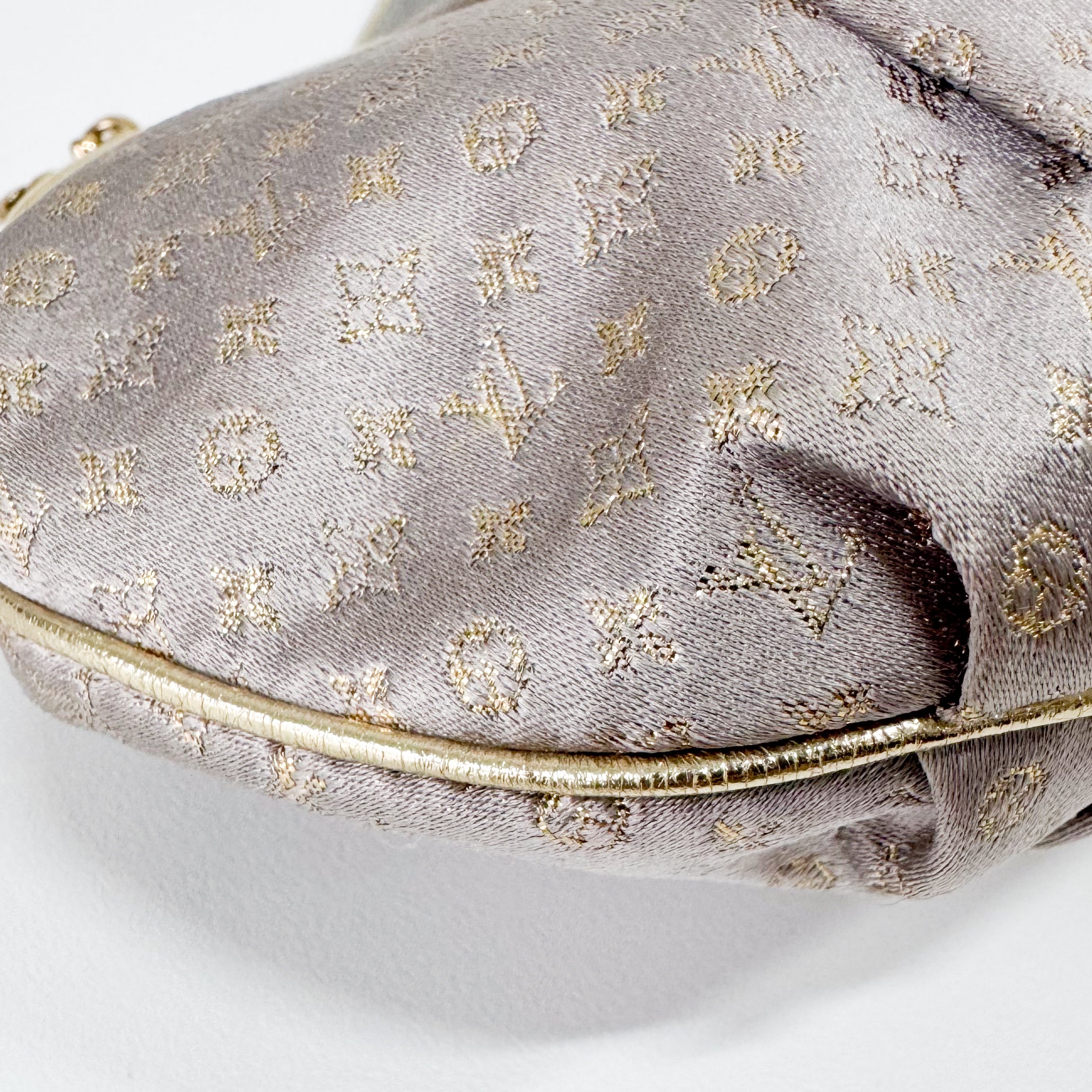 Aumoniere Silver Satin Monogram Clutch with Handle