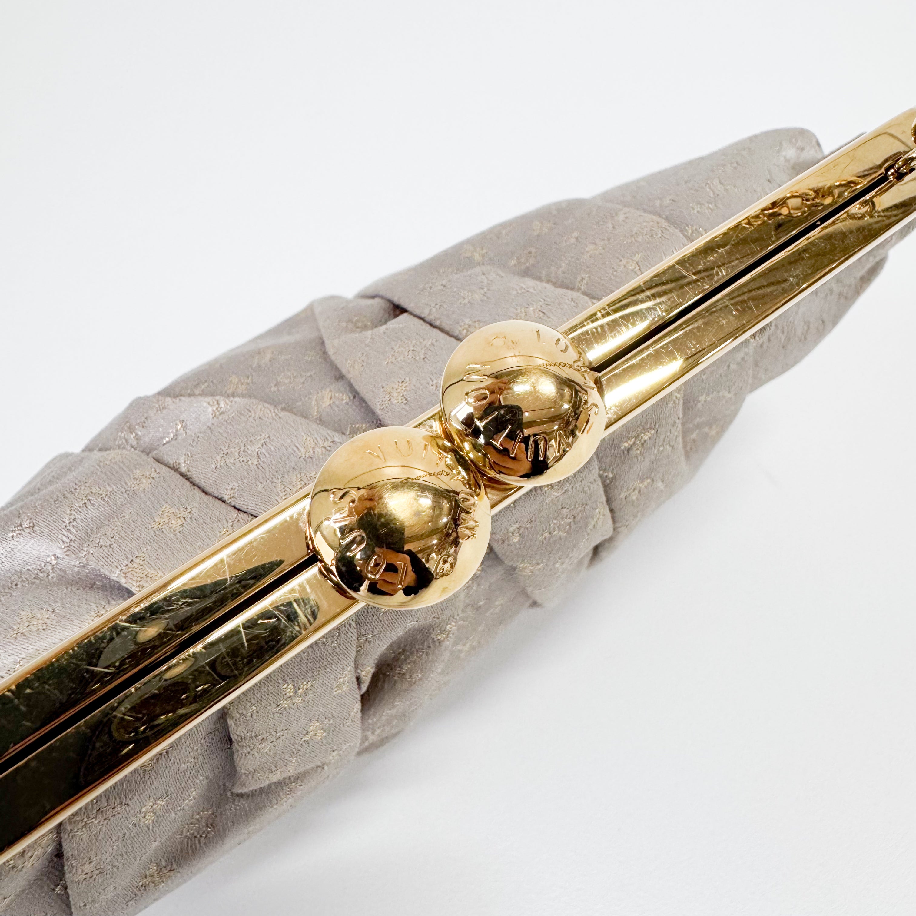 Aumoniere Silver Satin Monogram Clutch with Handle