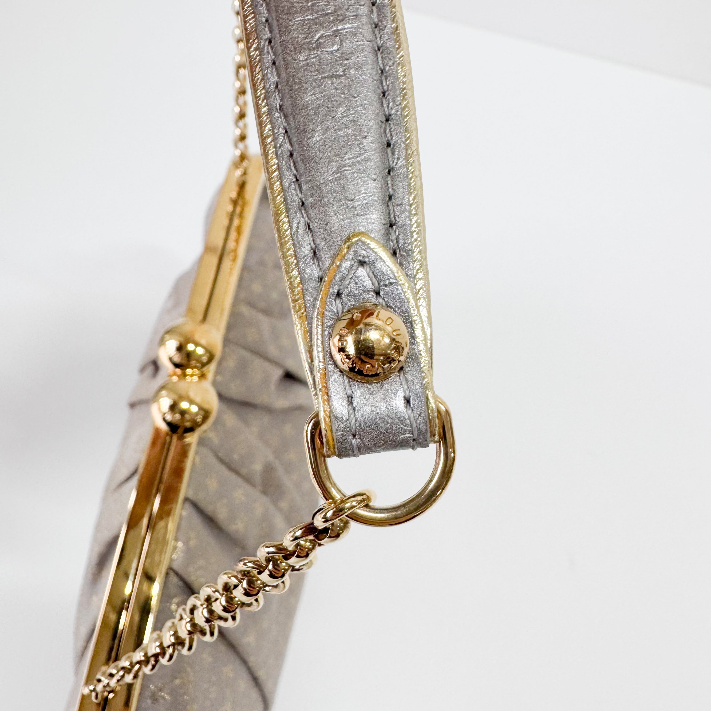 Aumoniere Silver Satin Monogram Clutch with Handle