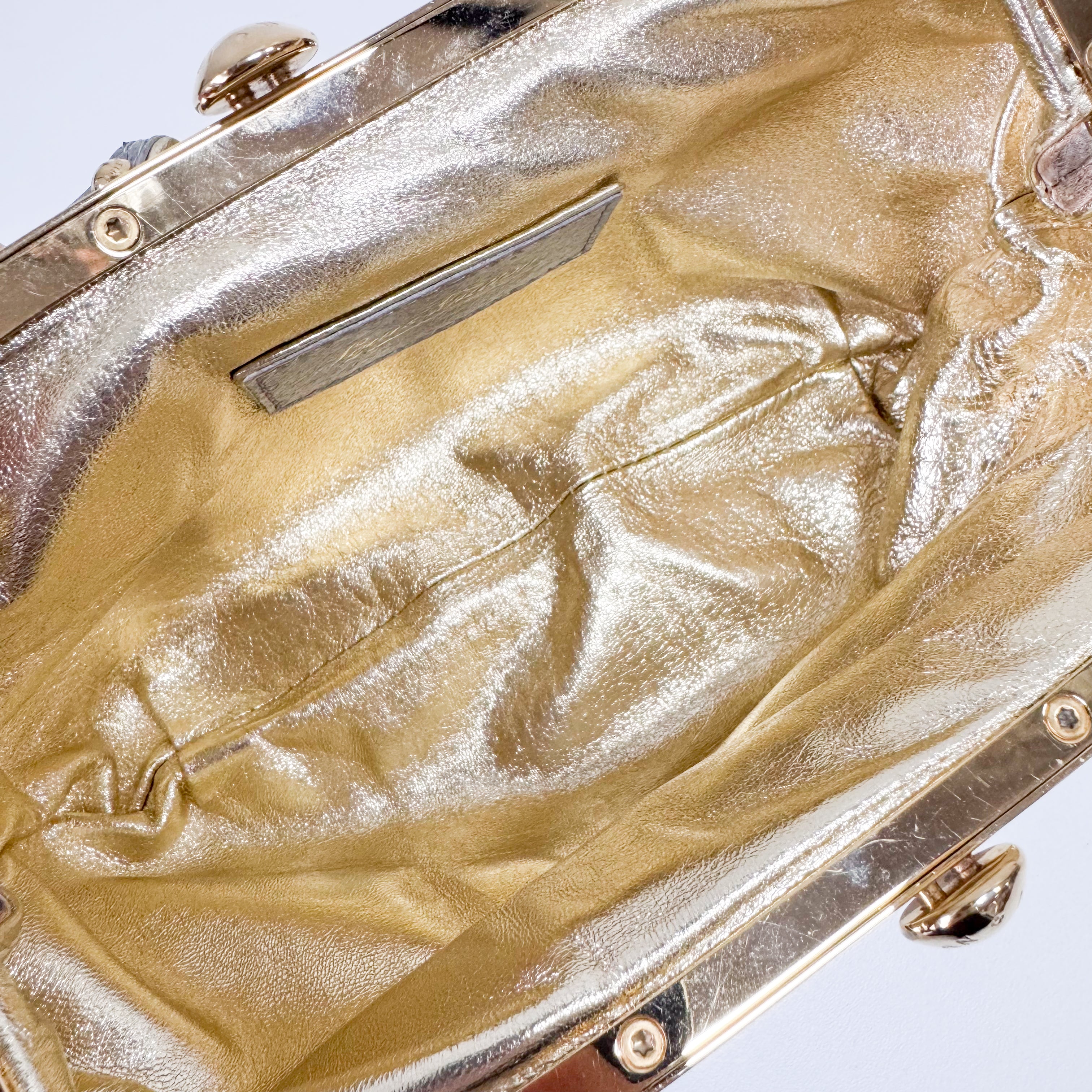 Aumoniere Silver Satin Monogram Clutch with Handle