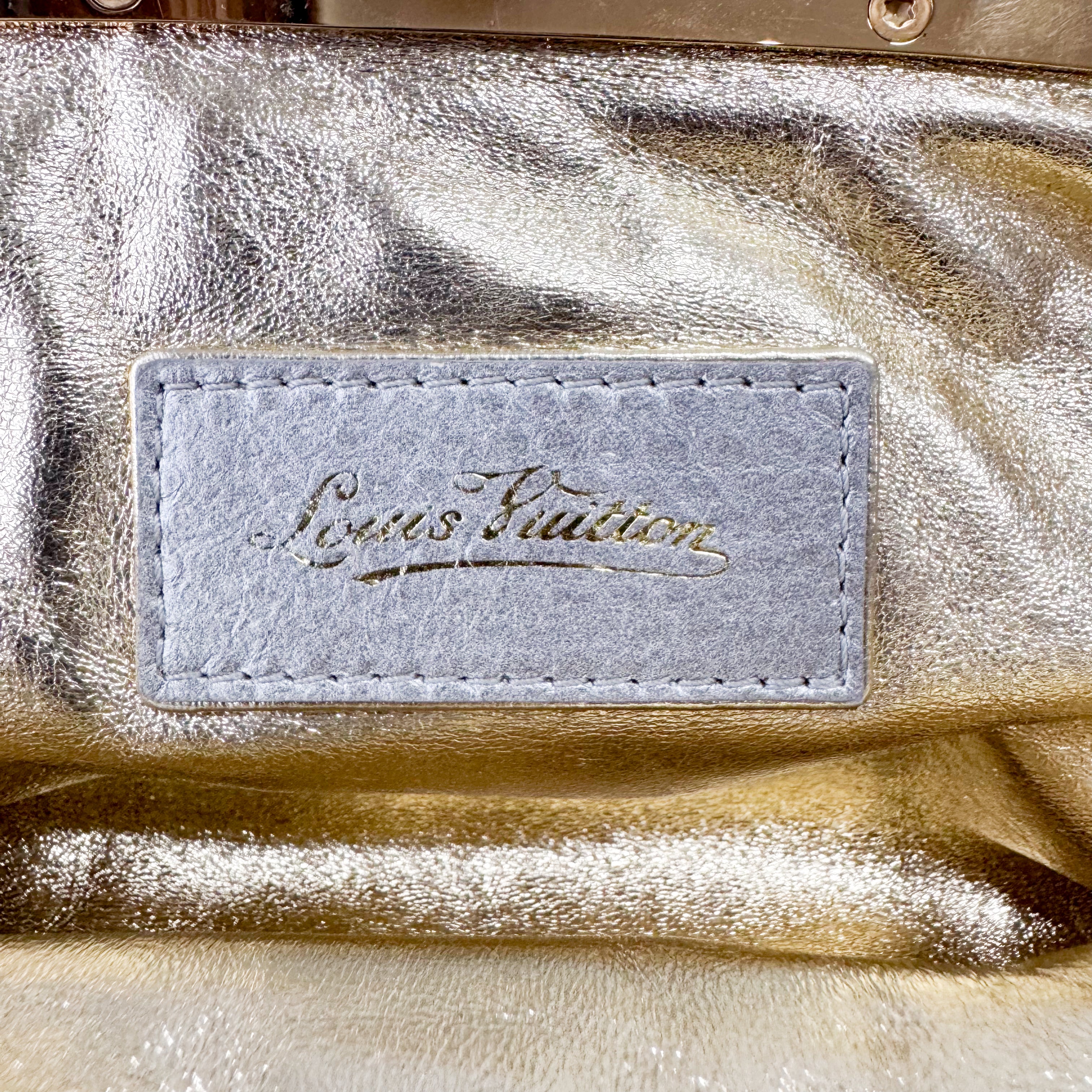 Aumoniere Silver Satin Monogram Clutch with Handle