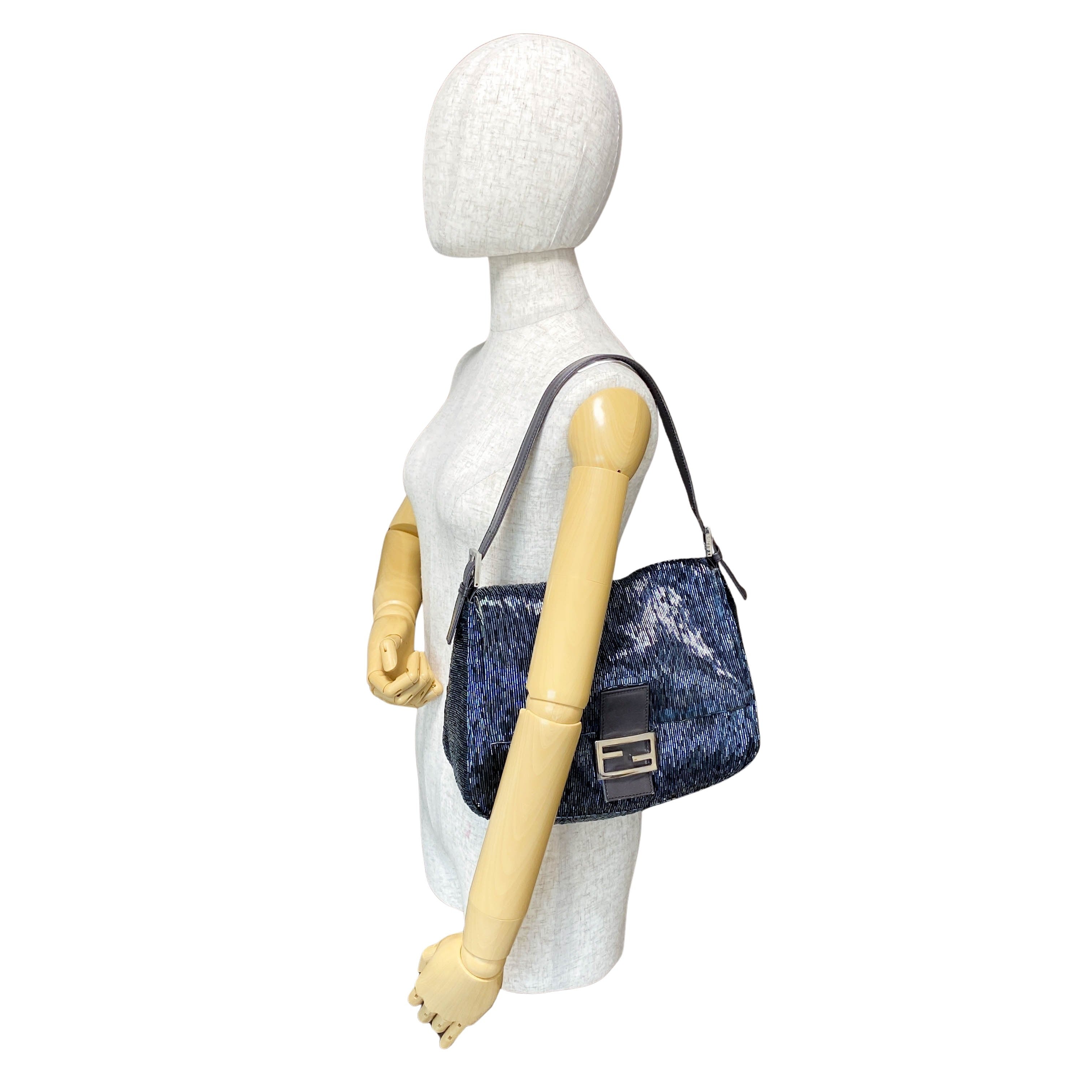 Mamma Baguette Metalic Blue Beaded Shoulder Bag