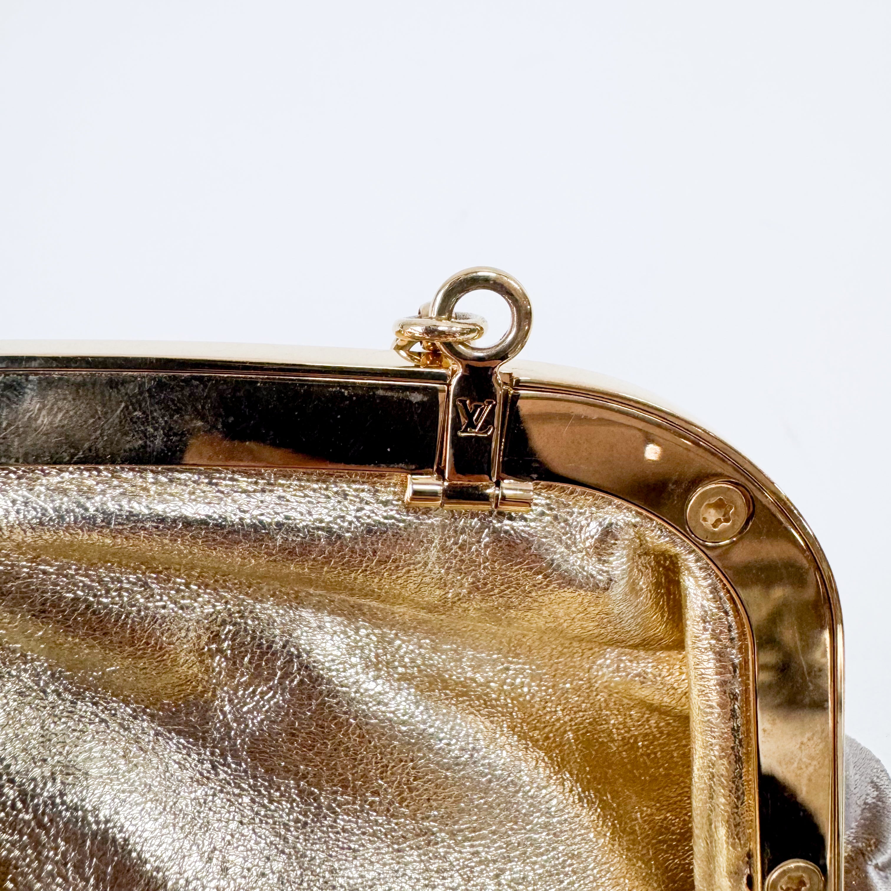 Aumoniere Silver Satin Monogram Clutch with Handle