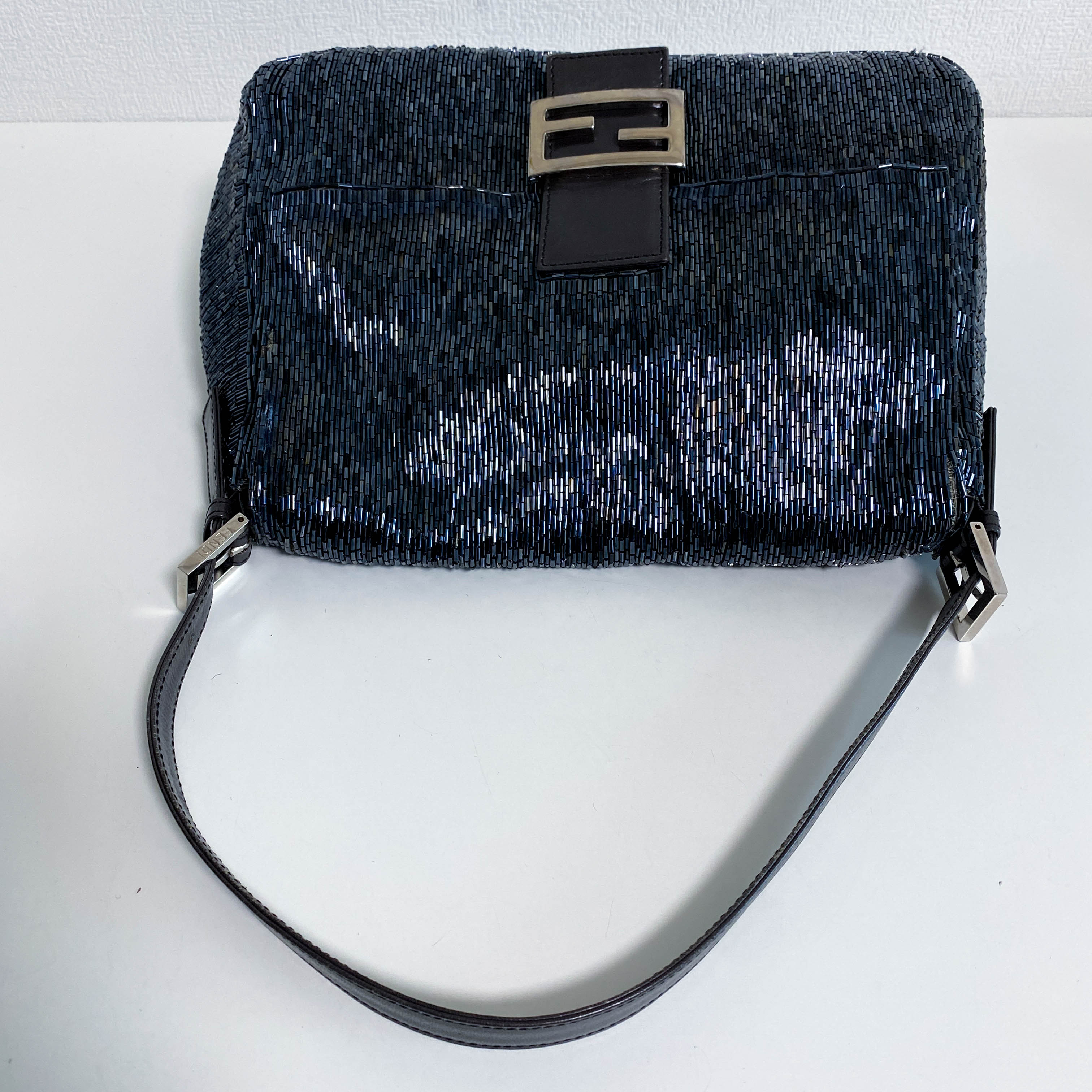 Mamma Baguette Metalic Blue Beaded Shoulder Bag