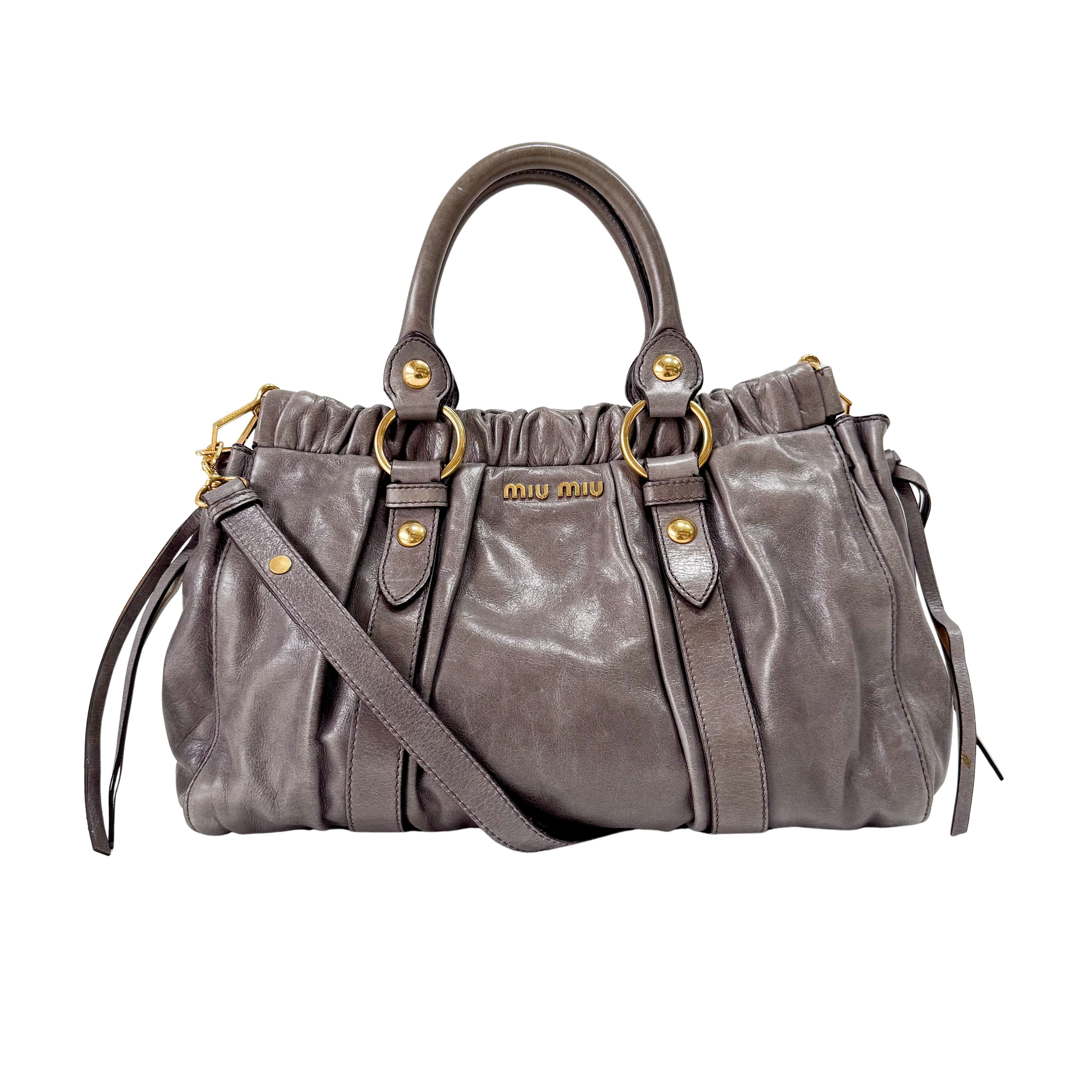 Vitello Grey Calfskin Leather Two Way Bag