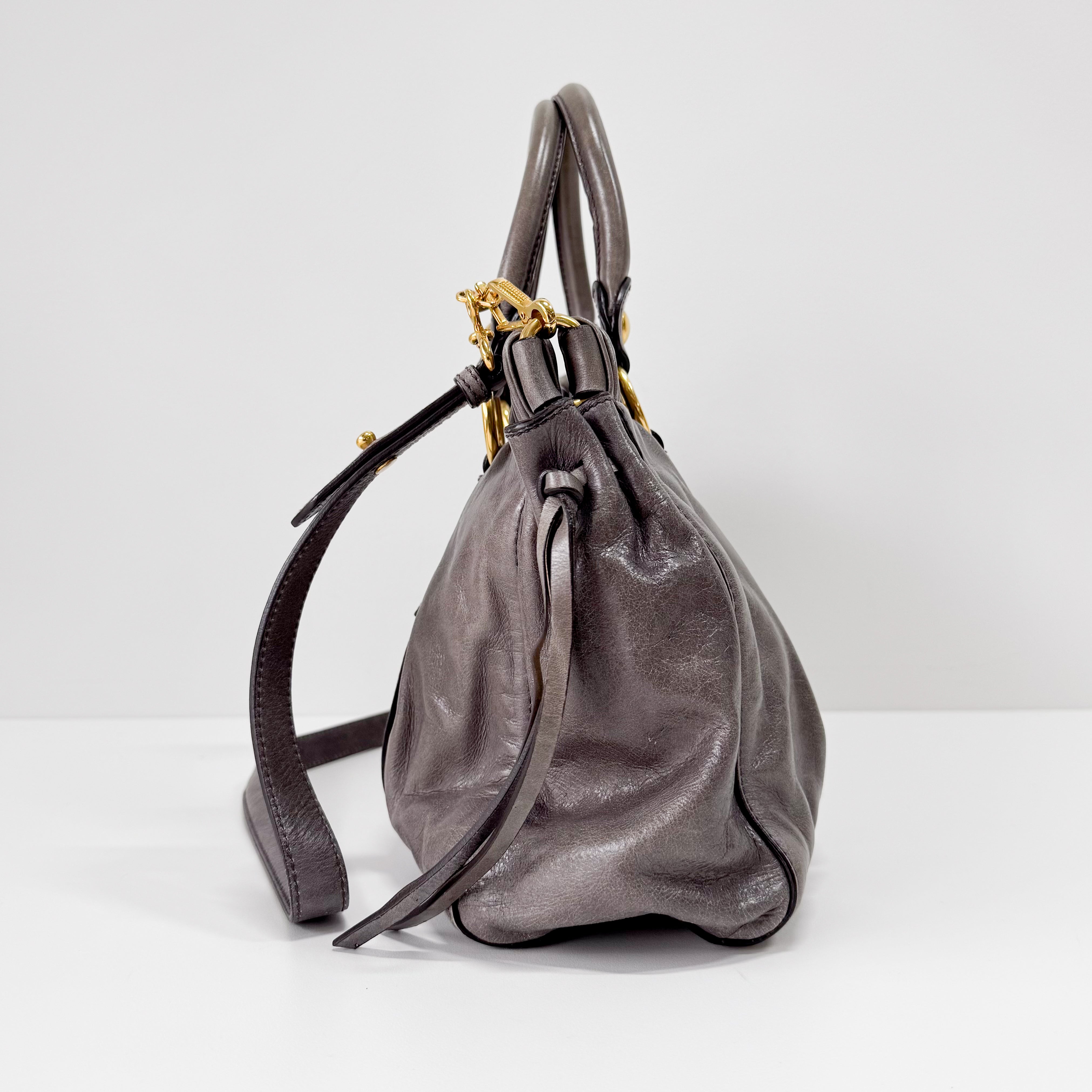 Vitello Grey Calfskin Leather Two Way Bag