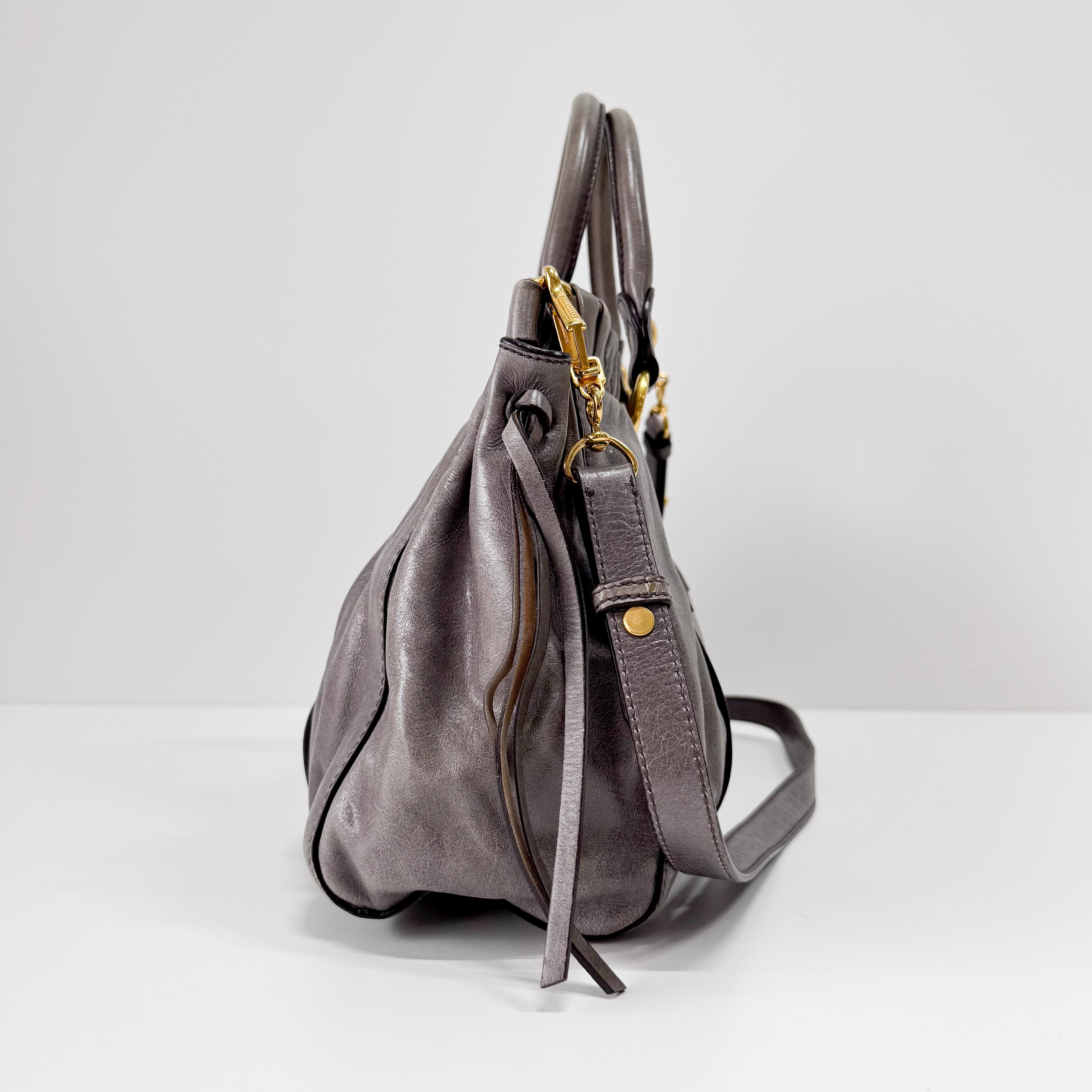 Vitello Grey Calfskin Leather Two Way Bag