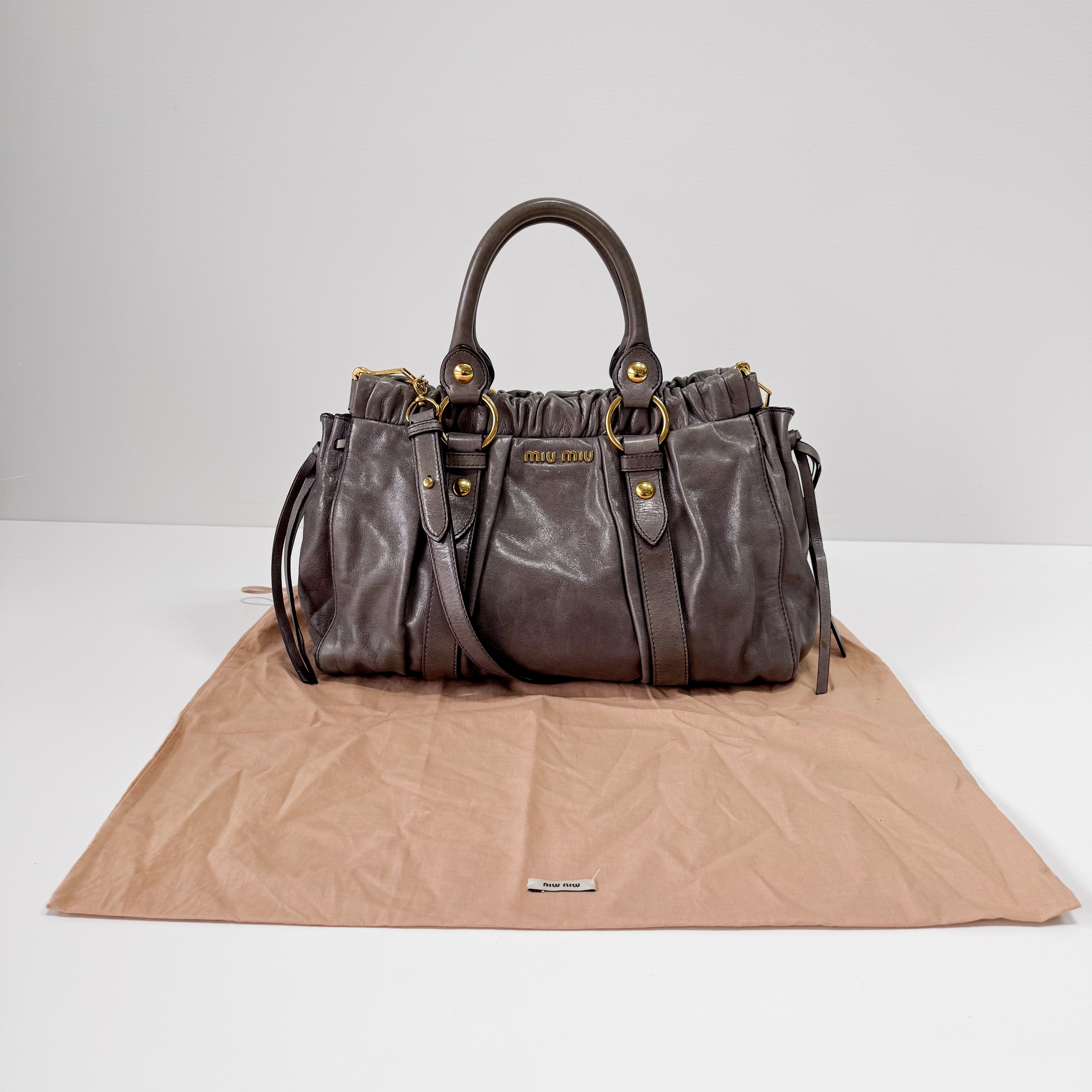 Vitello Grey Calfskin Leather Two Way Bag