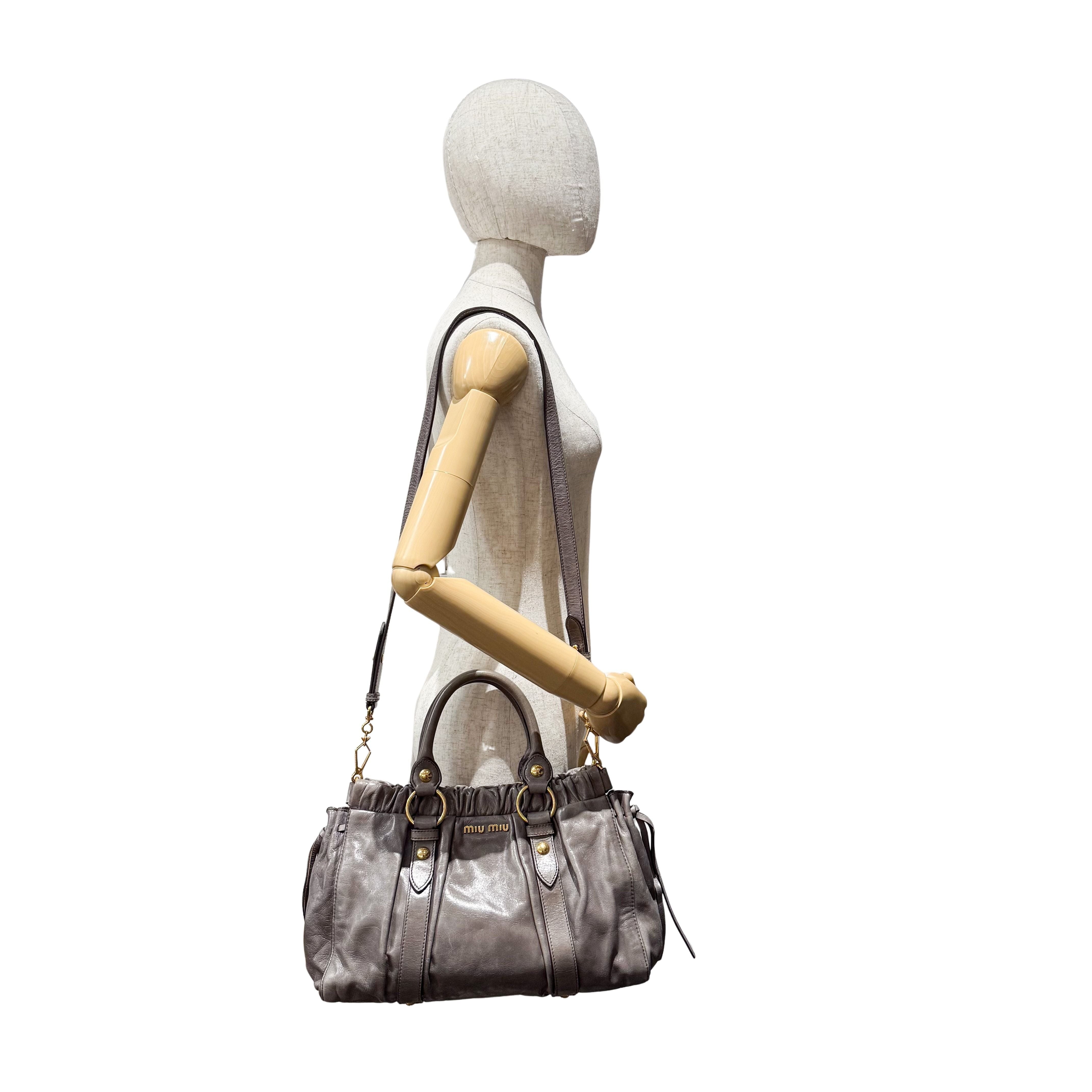 Vitello Grey Calfskin Leather Two Way Bag