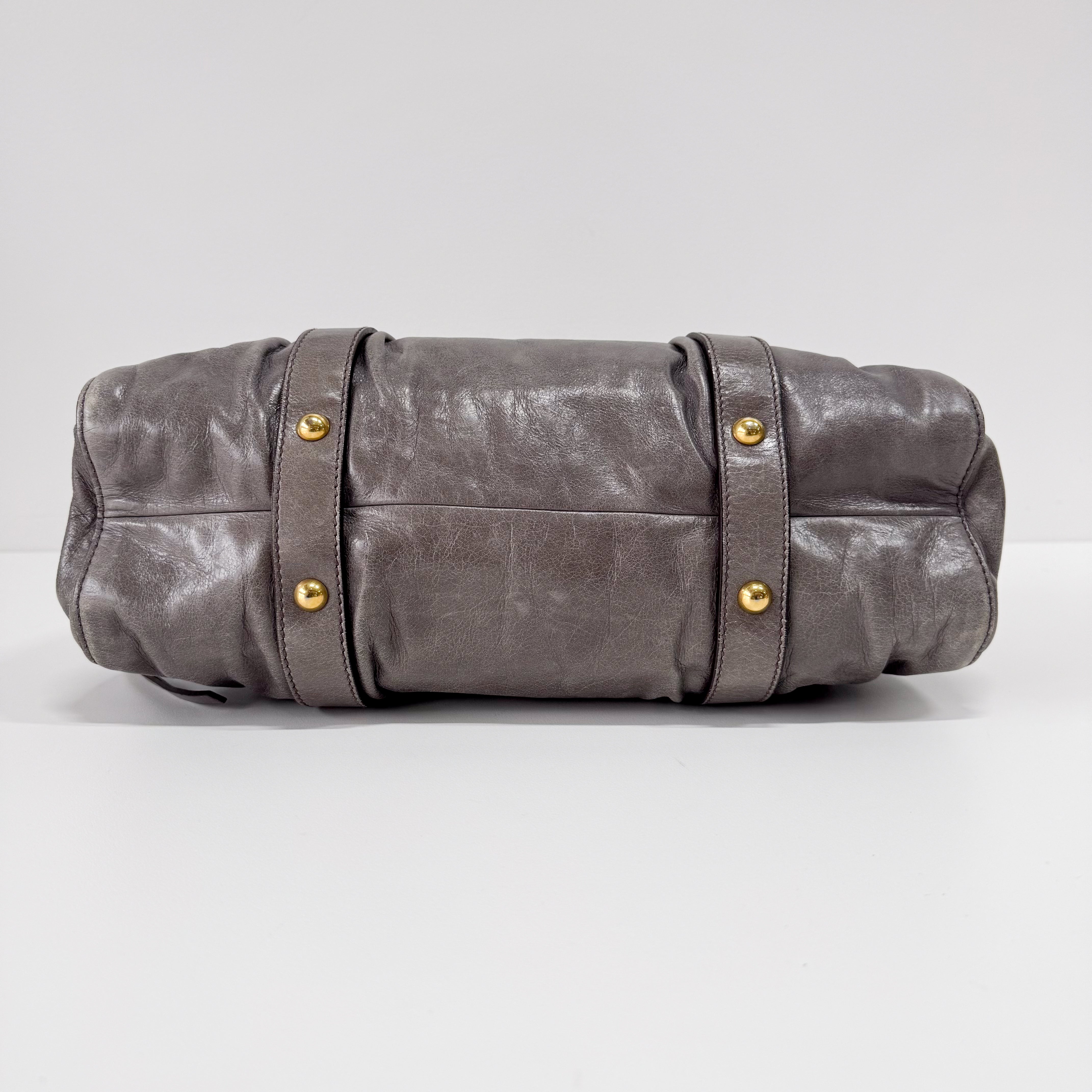 Vitello Grey Calfskin Leather Two Way Bag