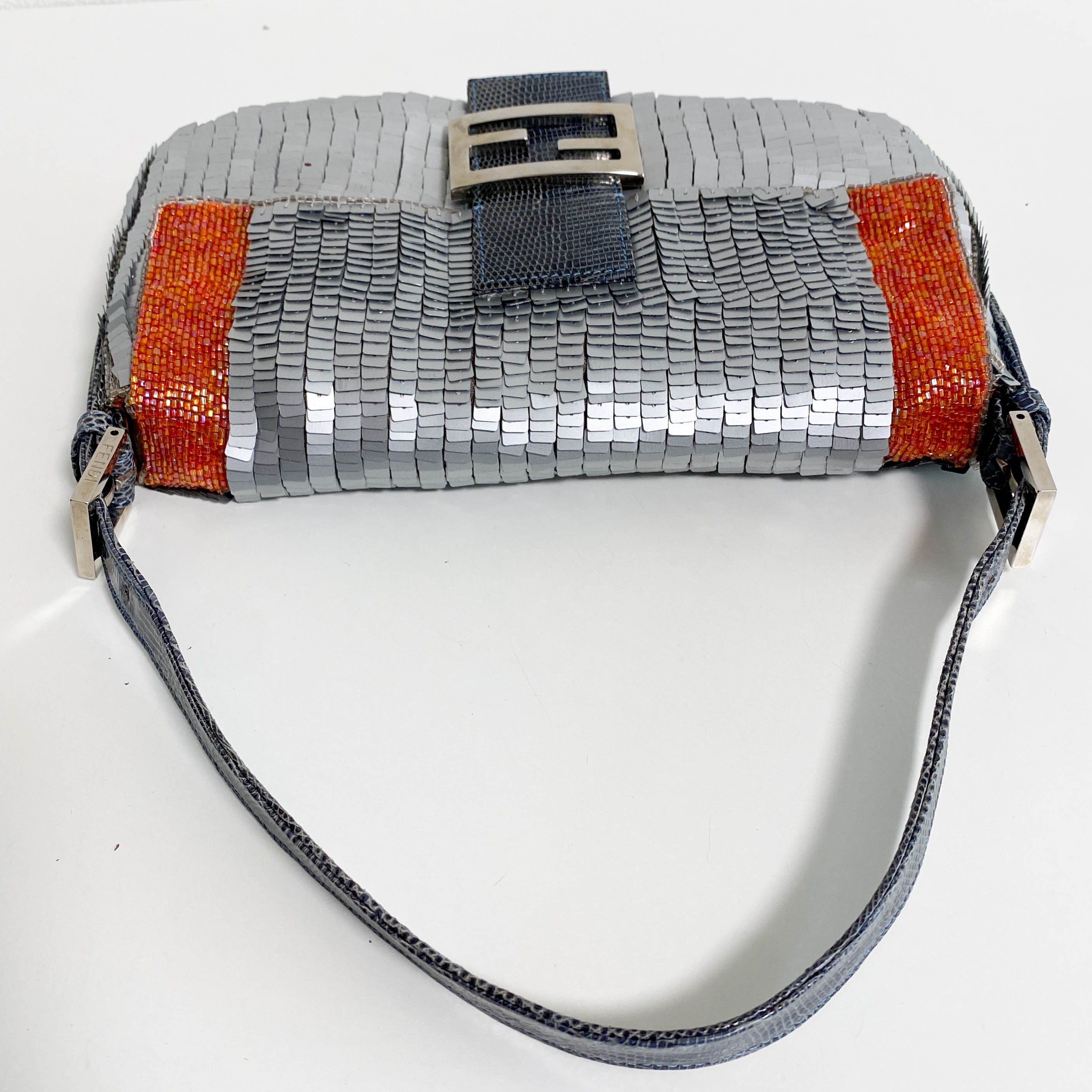 Baguette Silver Sequin and Orange Beaded Shoulder Bag