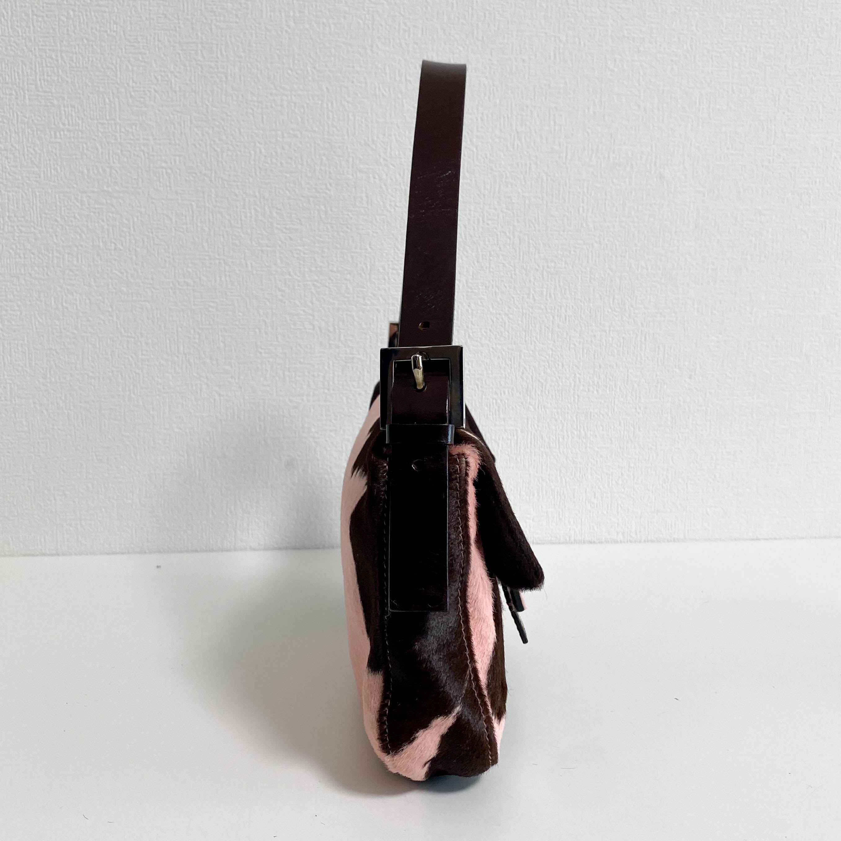 Baguette Cow Printed Pink Pony Hair Shoulder Bag