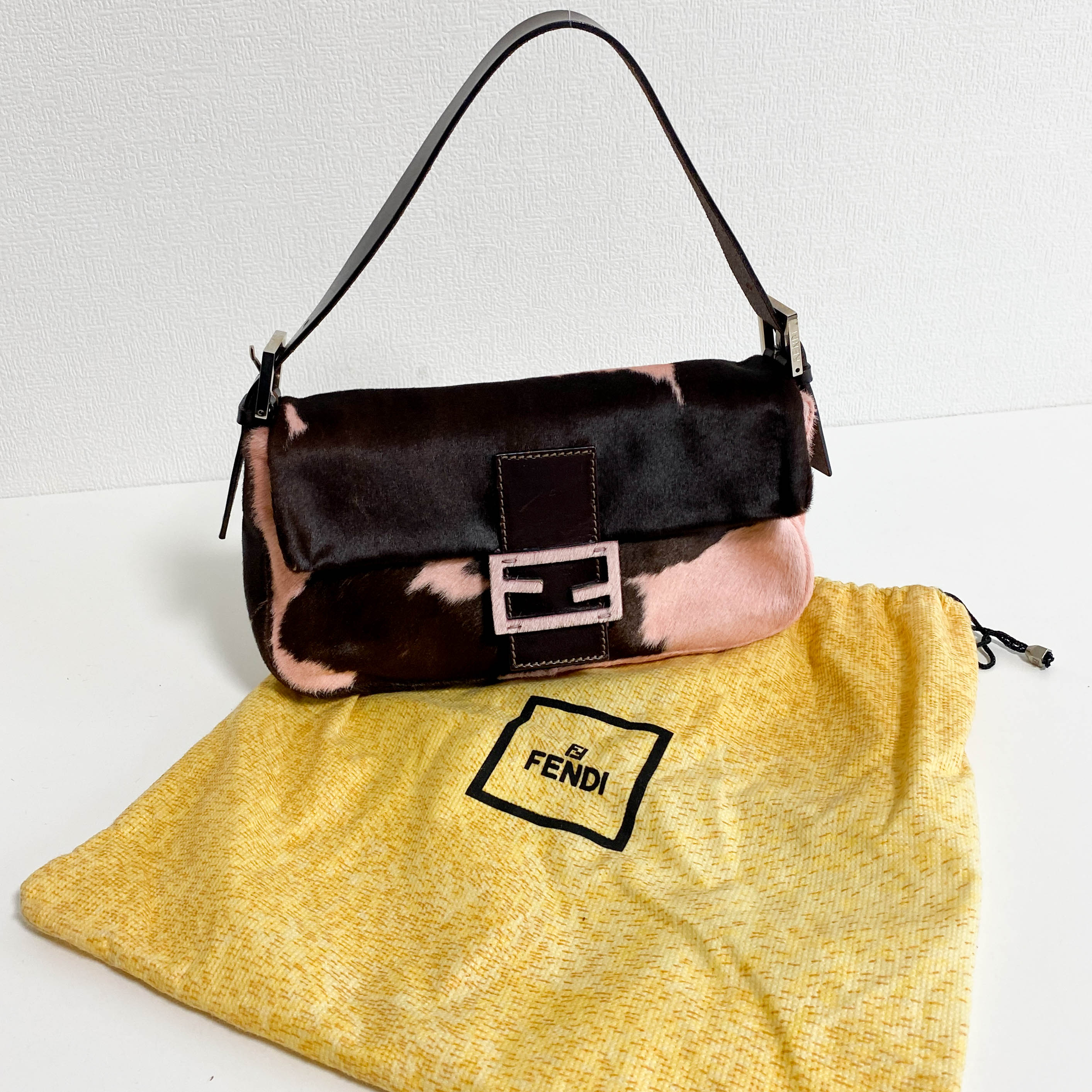 Baguette Cow Printed Pink Pony Hair Shoulder Bag