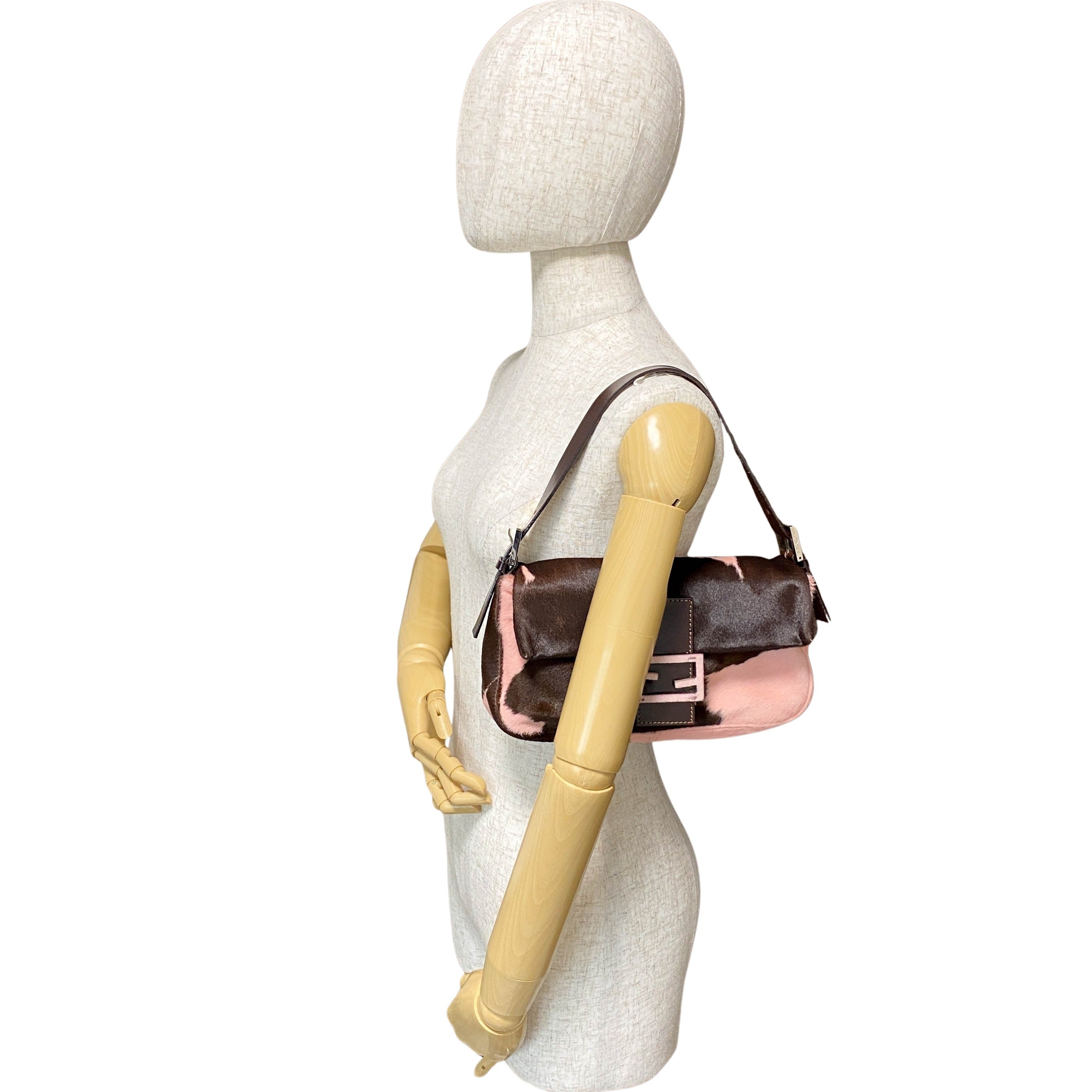 Baguette Cow Printed Pink Pony Hair Shoulder Bag