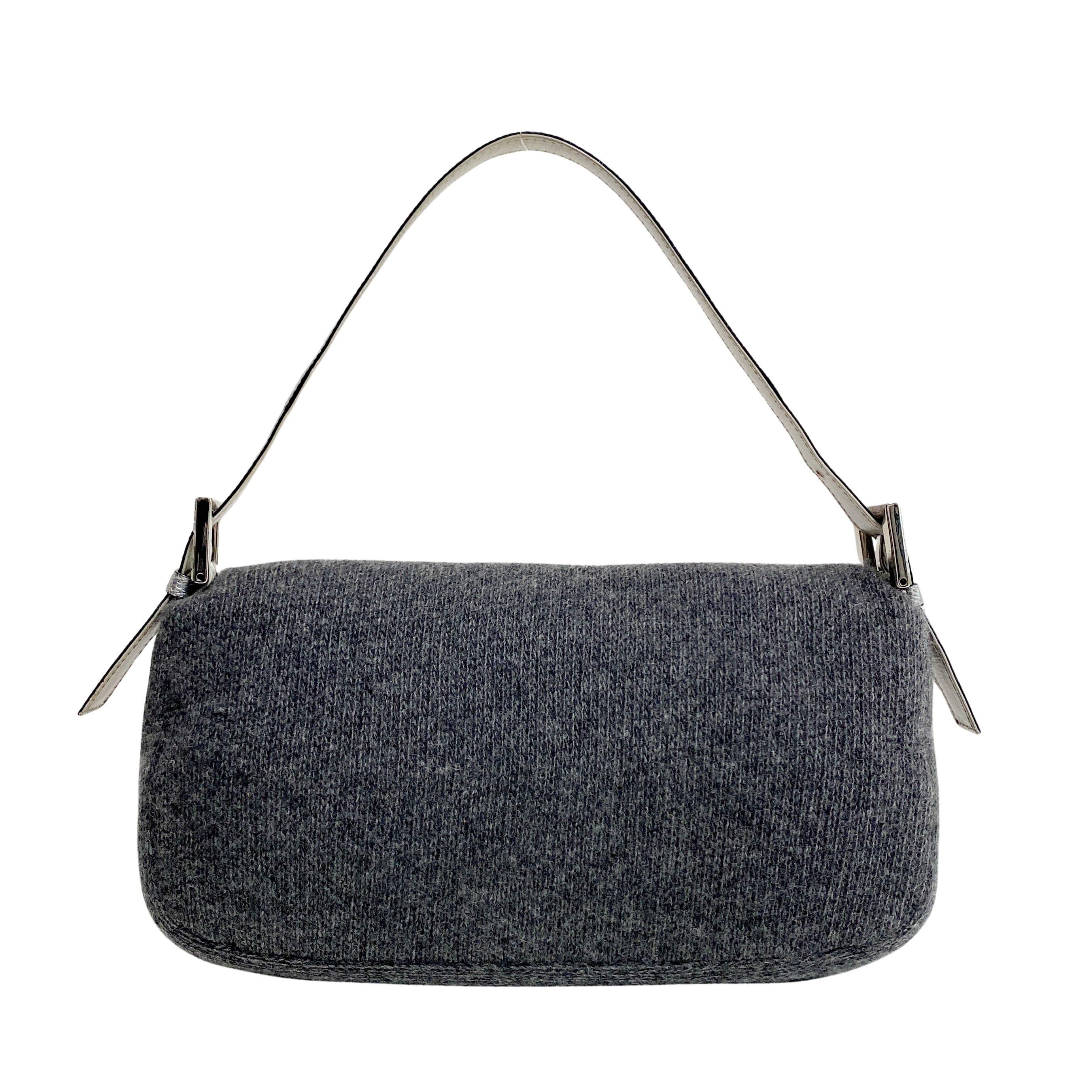 Baguette Grey Cashmere Shoulder Bag with Rhinestone Hardware