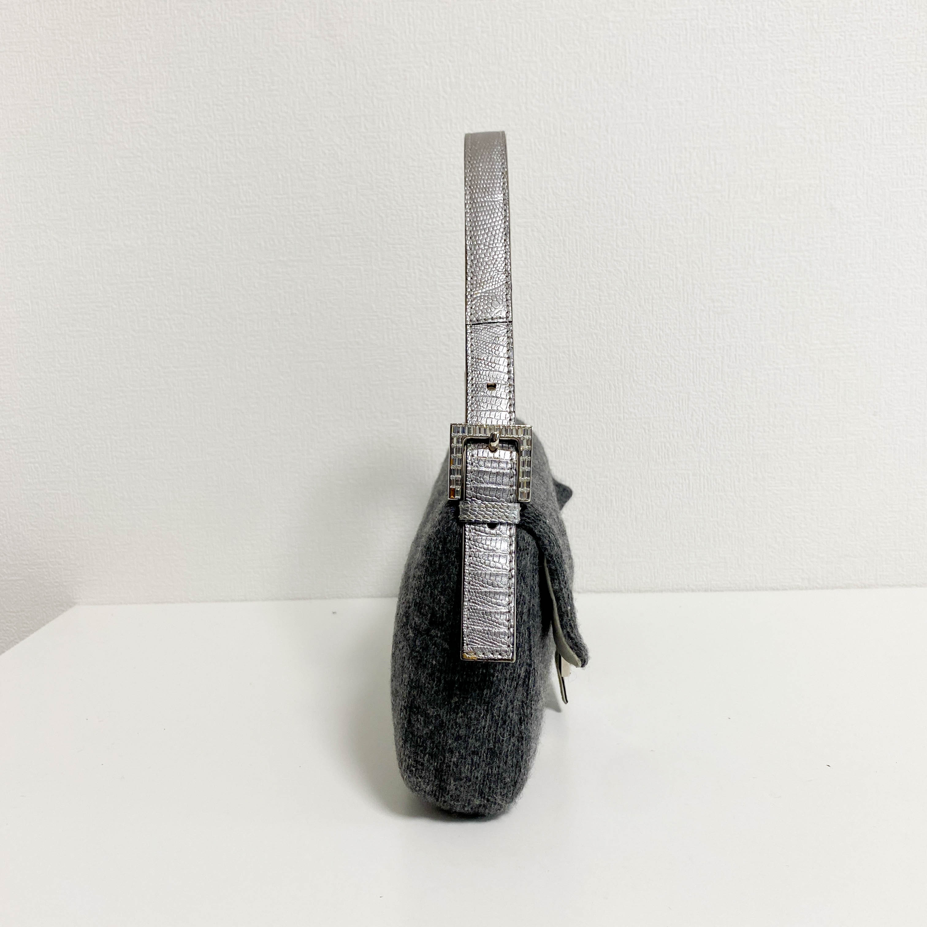 Baguette Grey Cashmere Shoulder Bag with Rhinestone Hardware