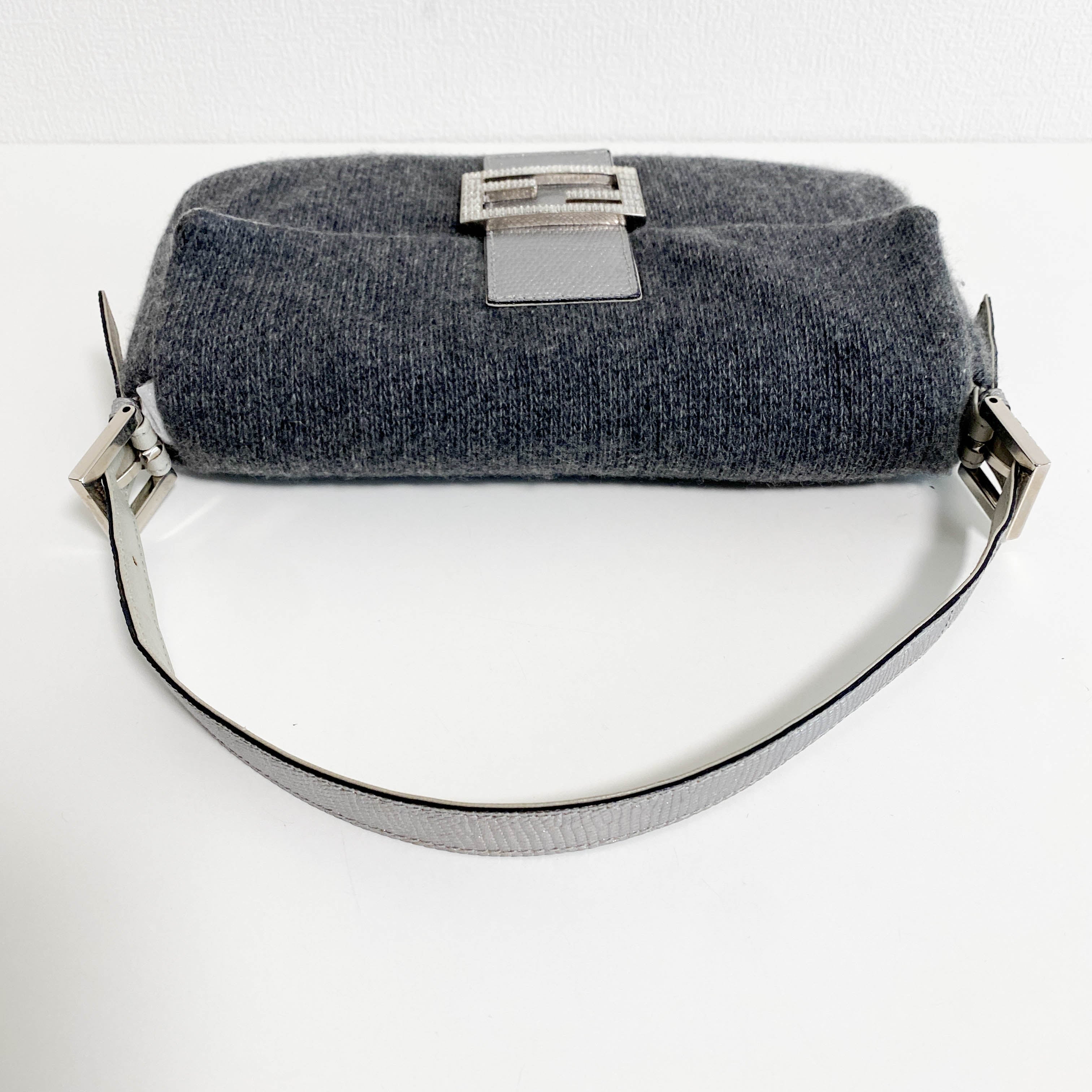 Baguette Grey Cashmere Shoulder Bag with Rhinestone Hardware