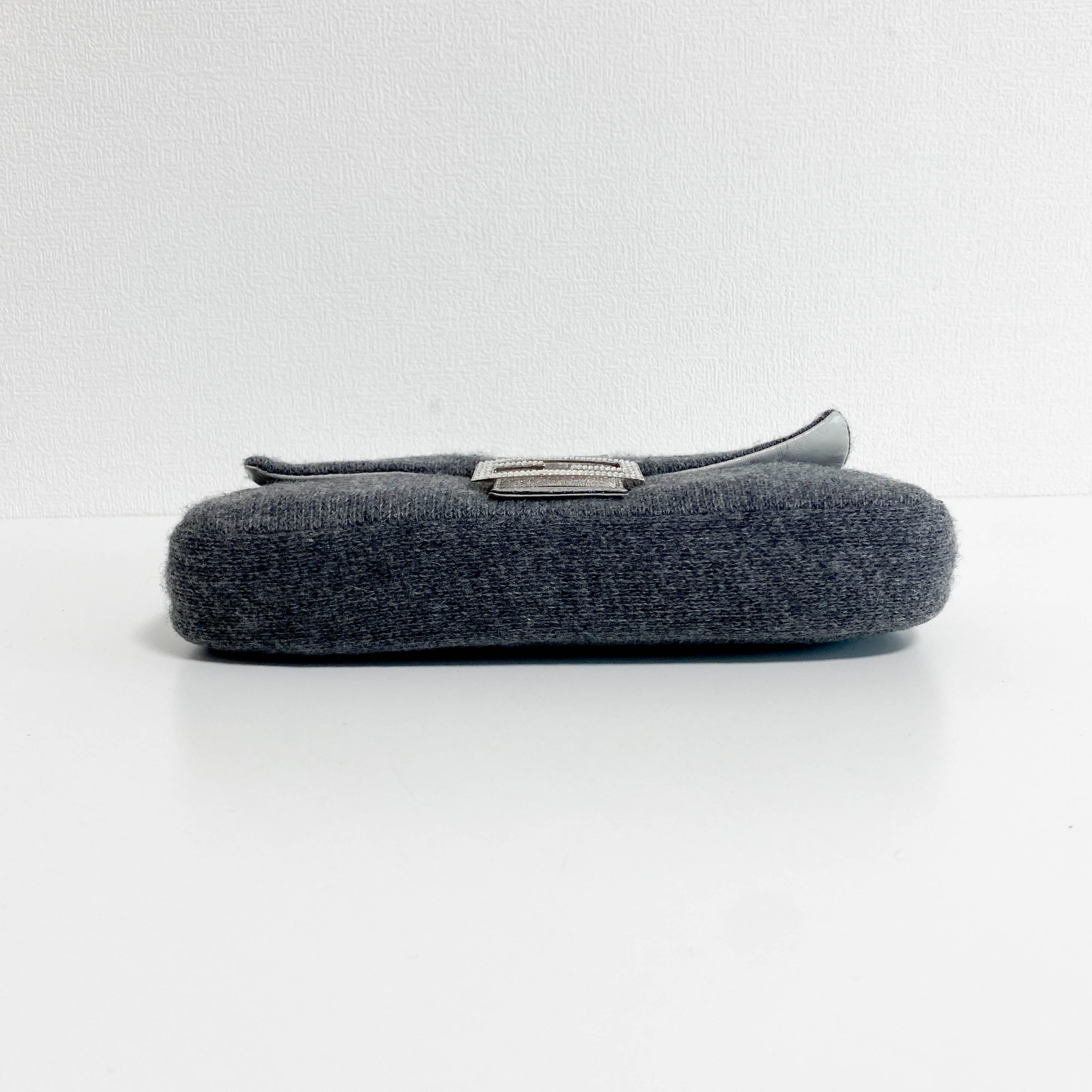 Baguette Grey Cashmere Shoulder Bag with Rhinestone Hardware