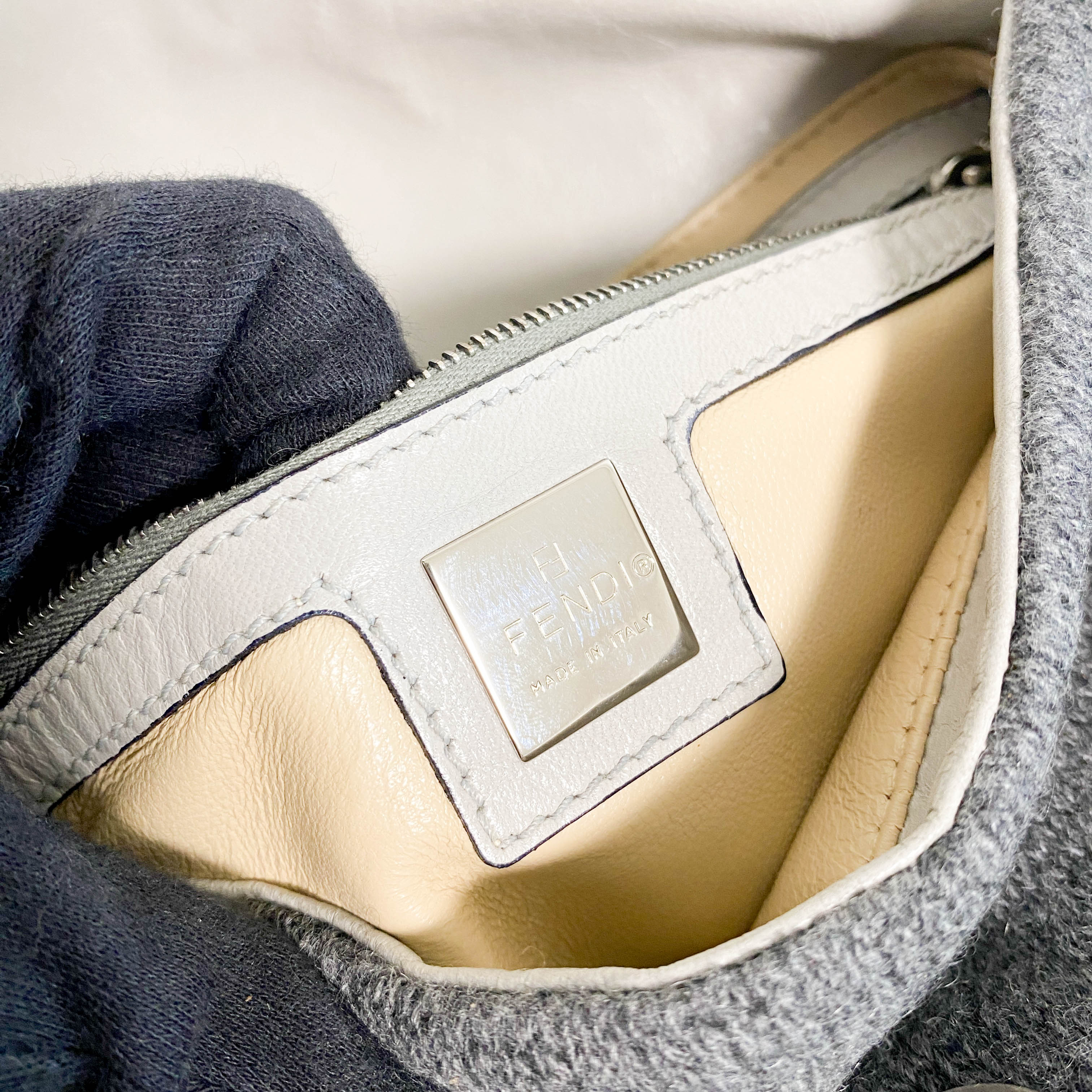 Baguette Grey Cashmere Shoulder Bag with Rhinestone Hardware