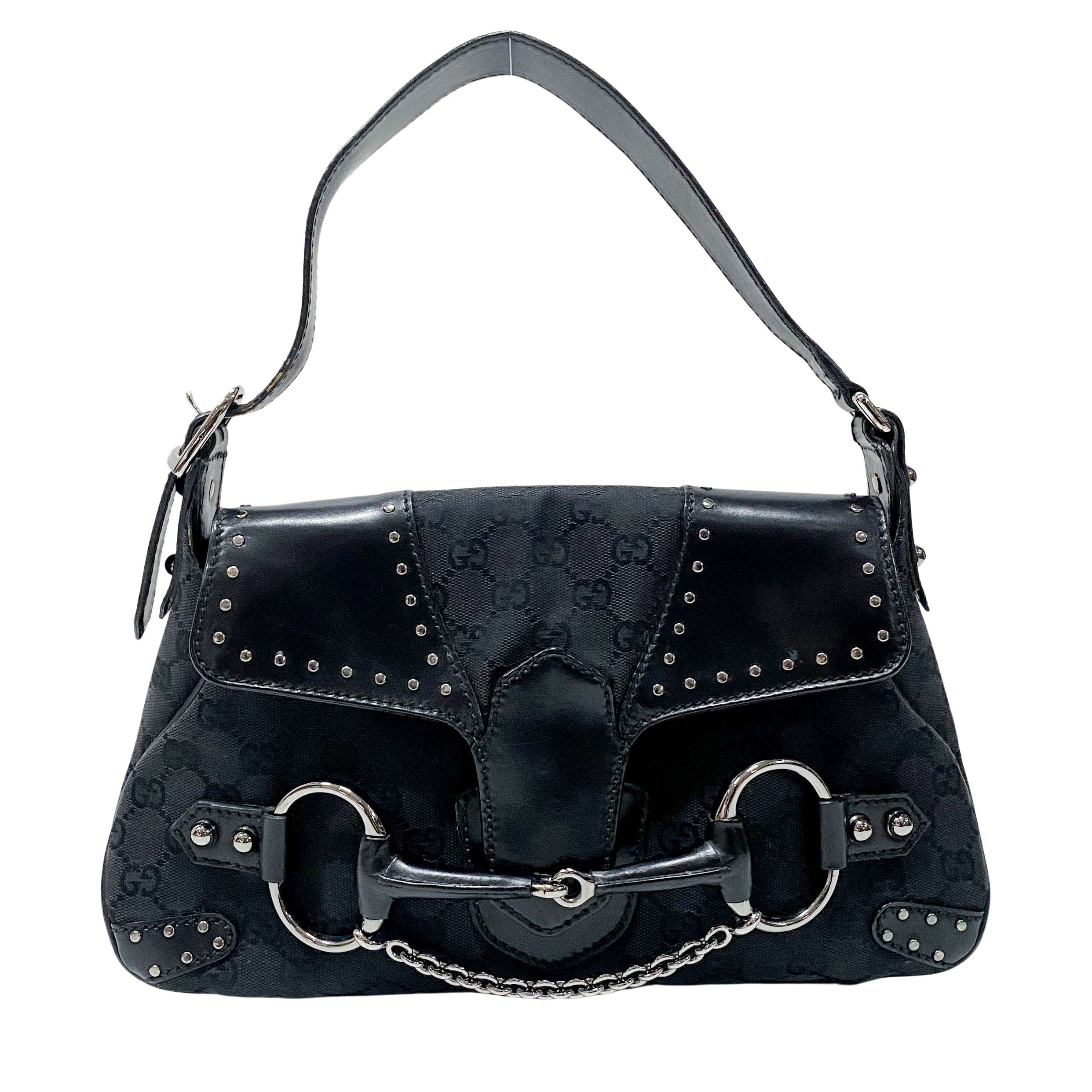 GG Black Studded Horsebit Canvas Shoulder Bag