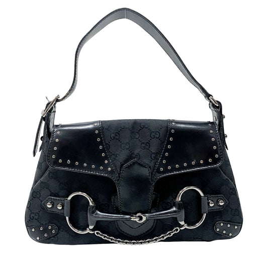 GG Black Studded Horsebit Canvas Shoulder Bag
