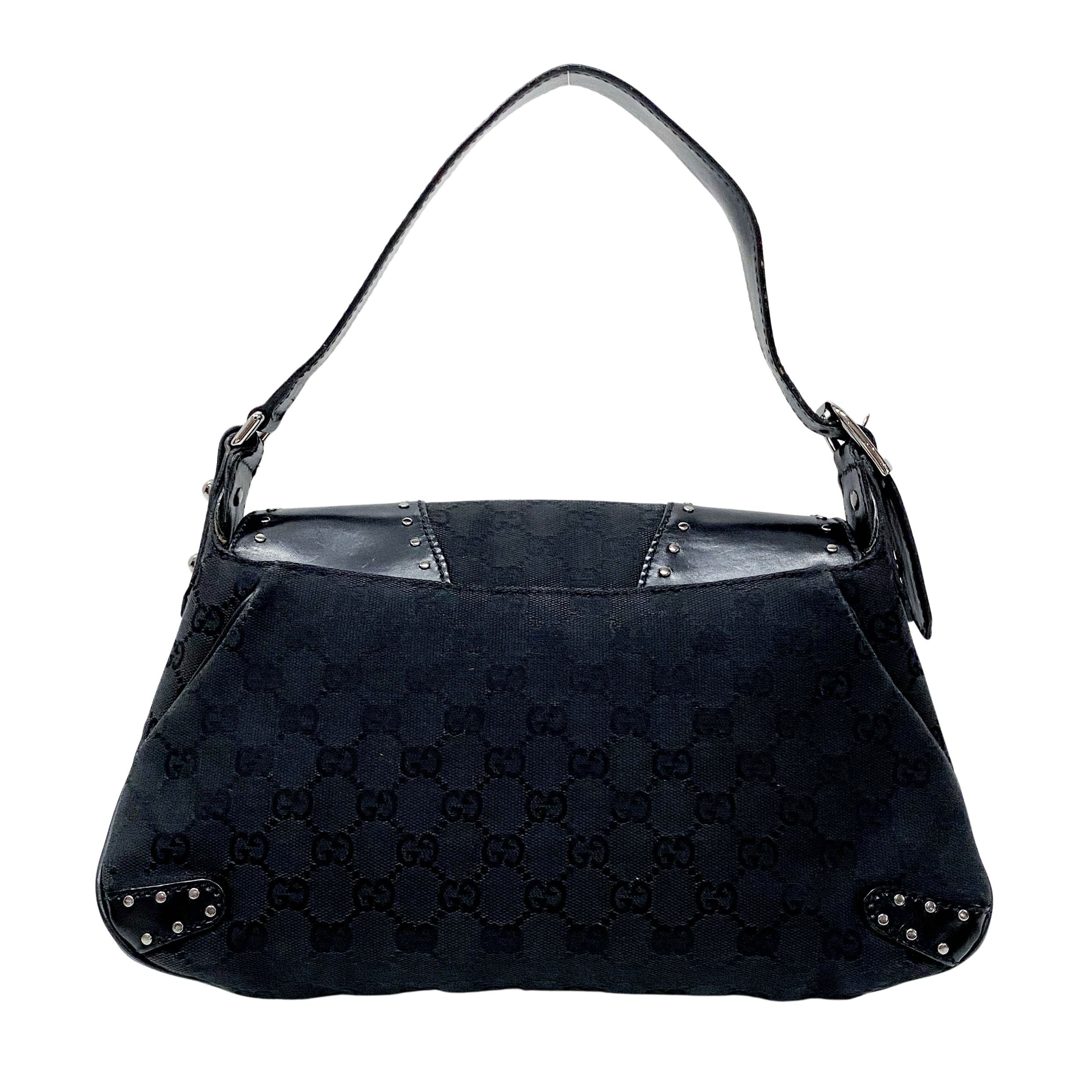 GG Black Studded Horsebit Canvas Shoulder Bag