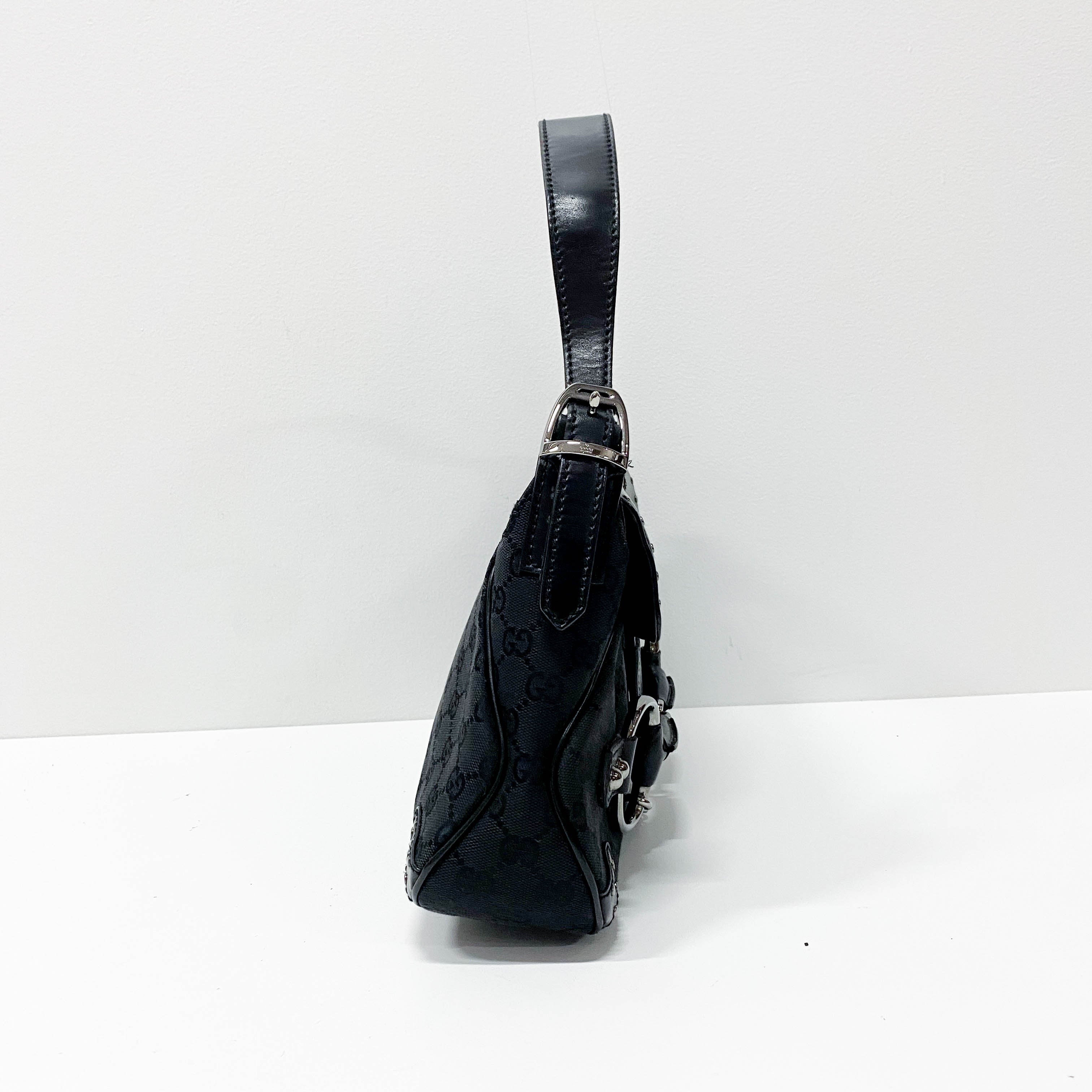 GG Black Studded Horsebit Canvas Shoulder Bag