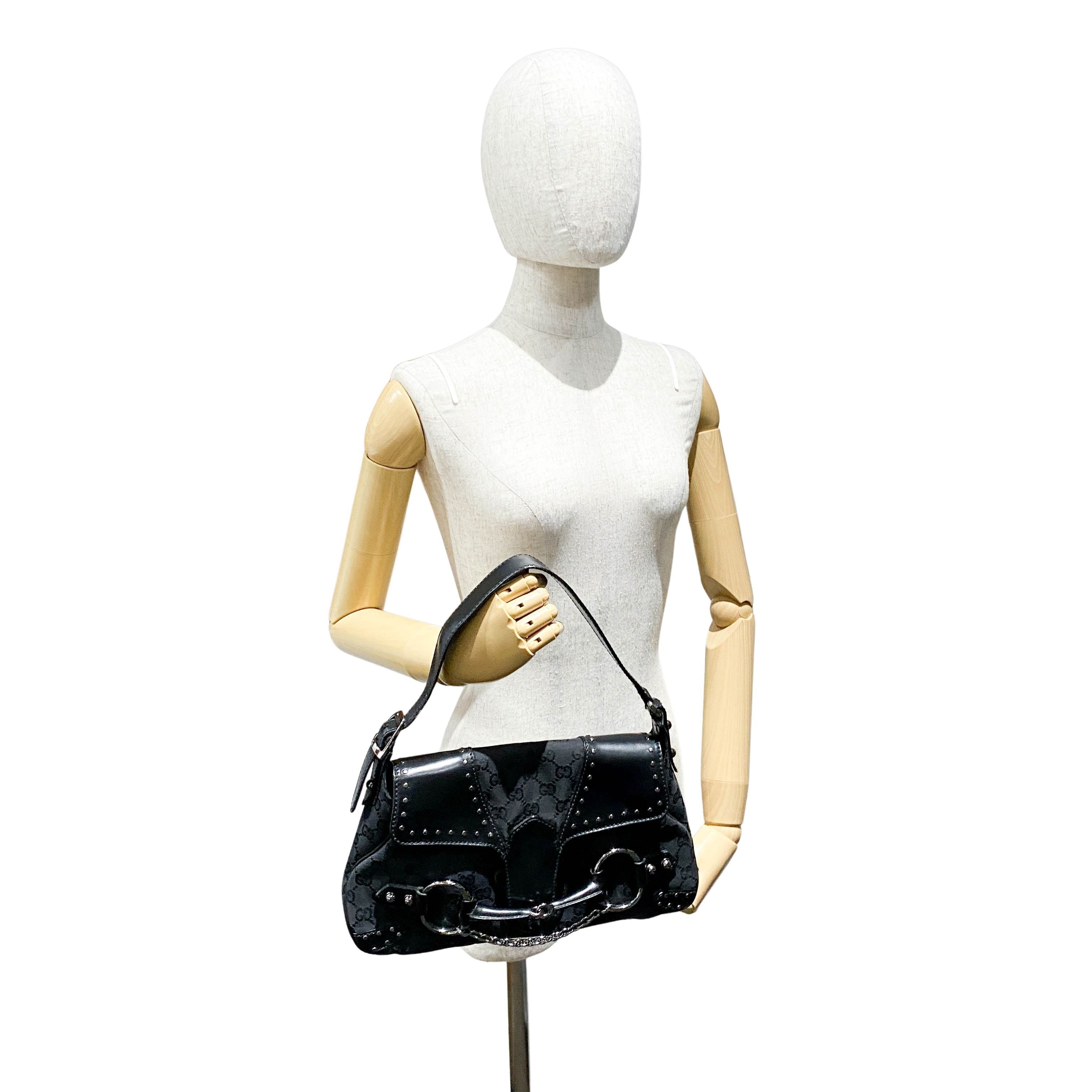 GG Black Studded Horsebit Canvas Shoulder Bag