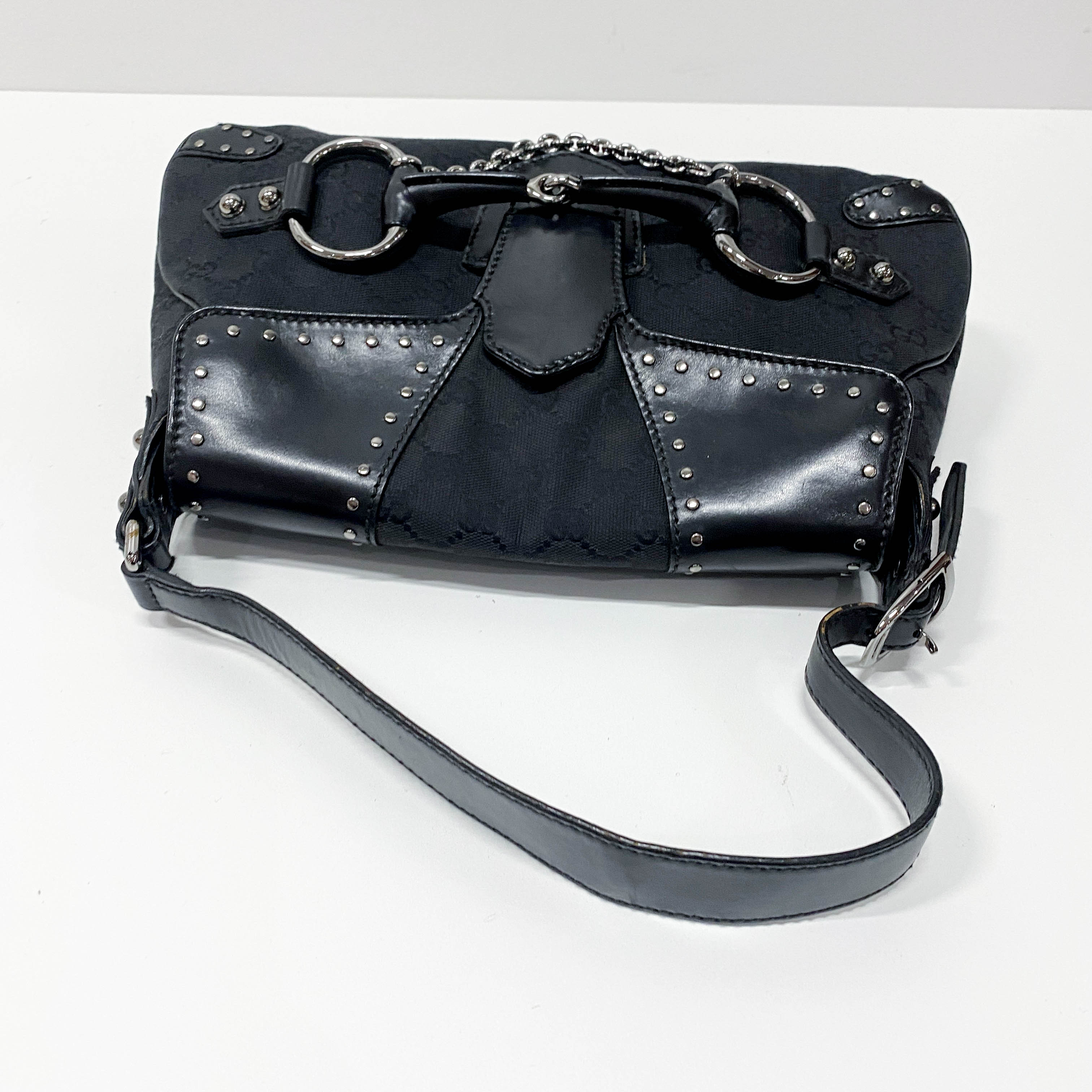 GG Black Studded Horsebit Canvas Shoulder Bag