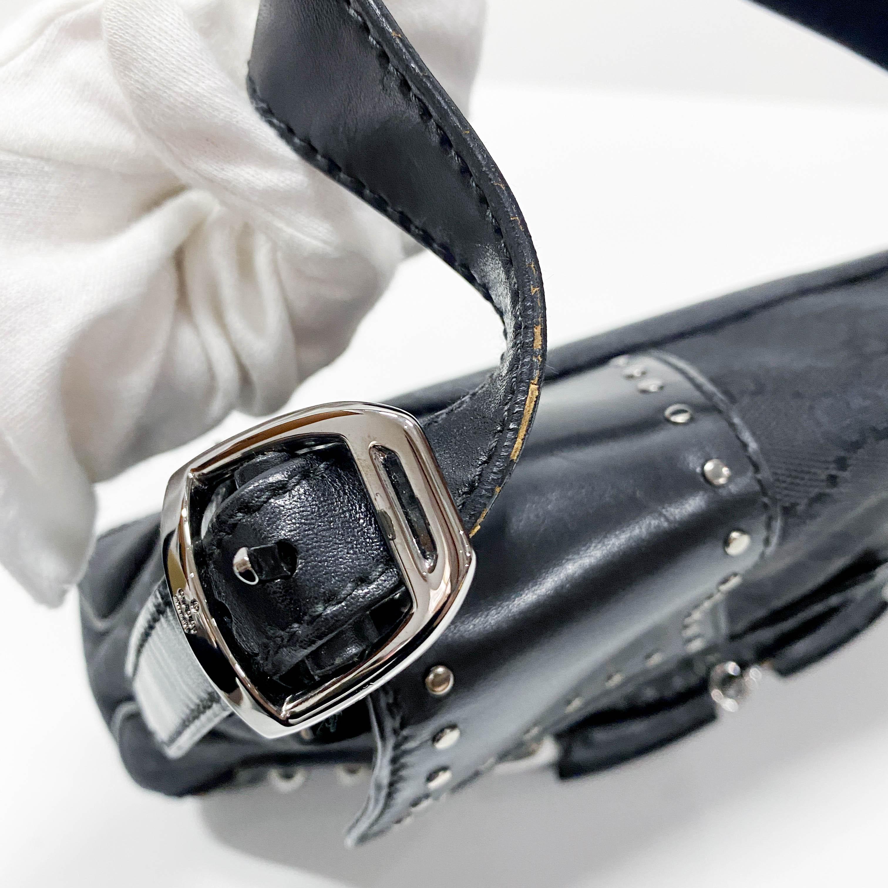 GG Black Studded Horsebit Canvas Shoulder Bag