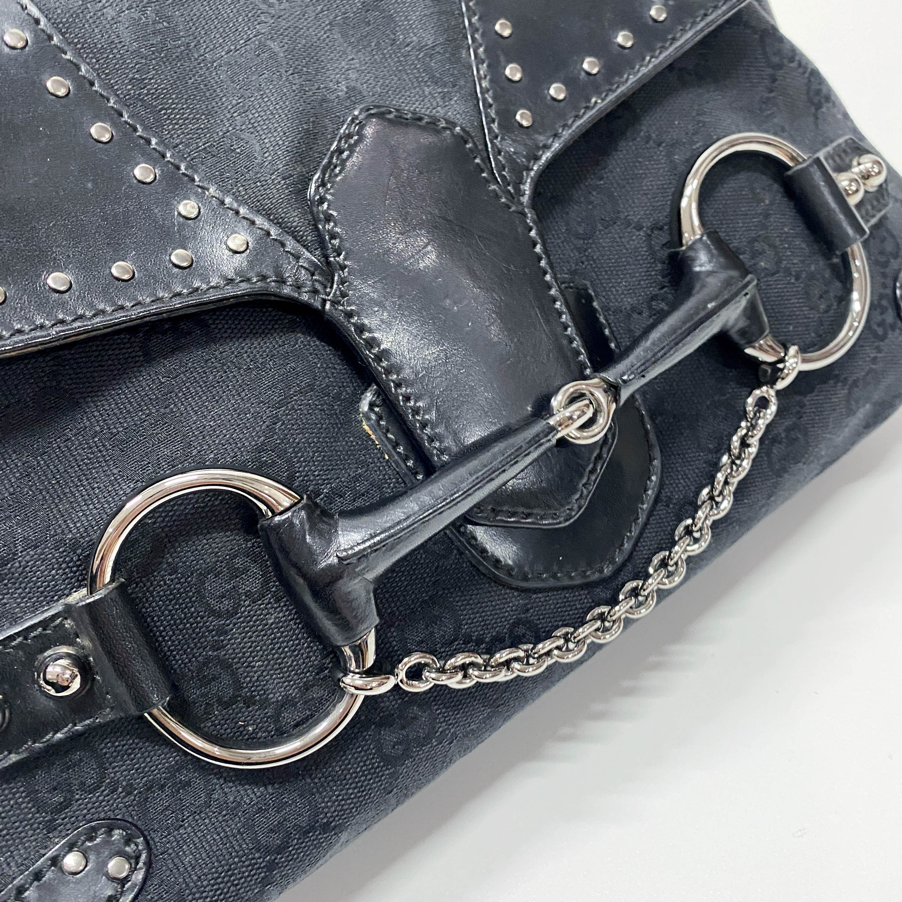 GG Black Studded Horsebit Canvas Shoulder Bag