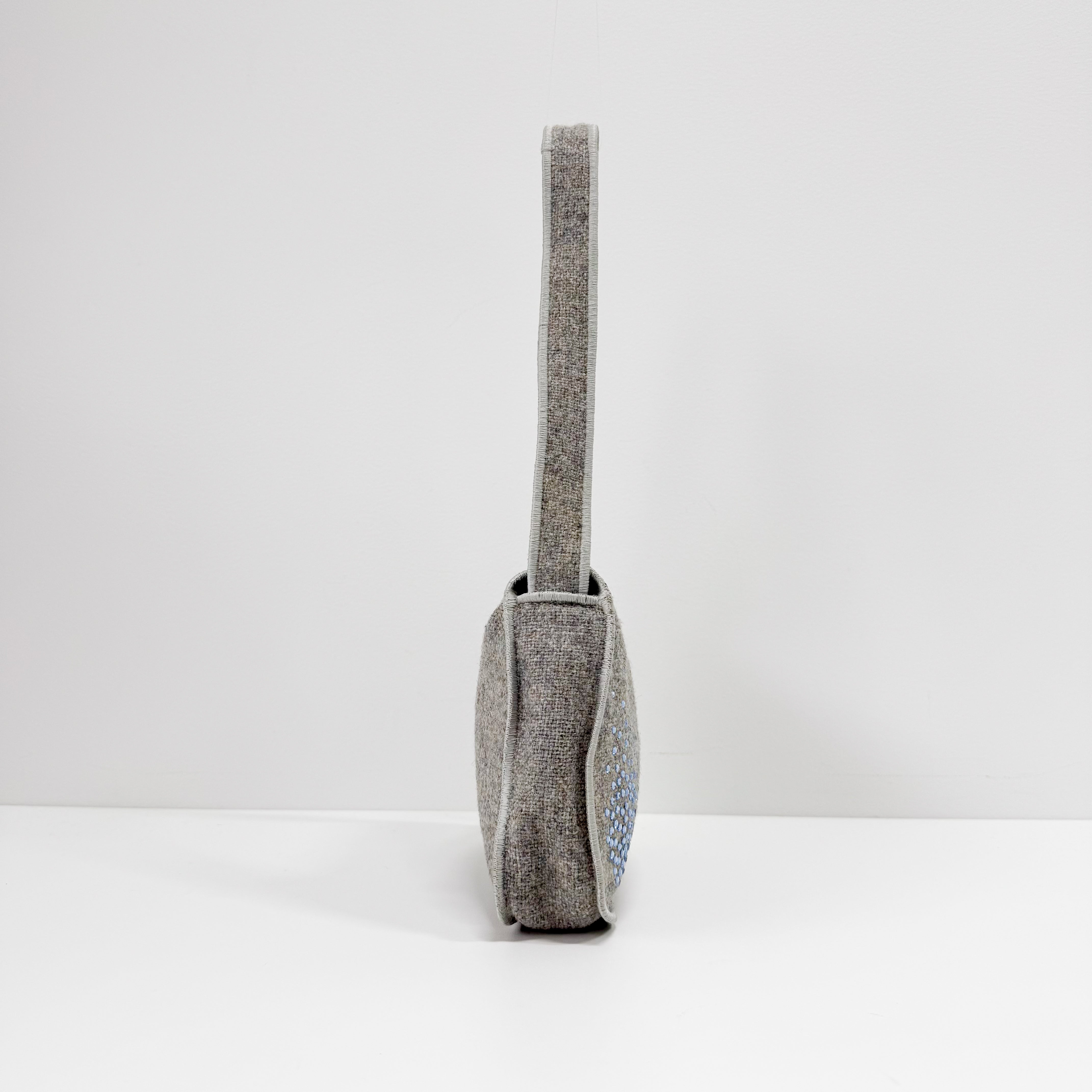 Grey Wool Rhinestone Shoulder Bag