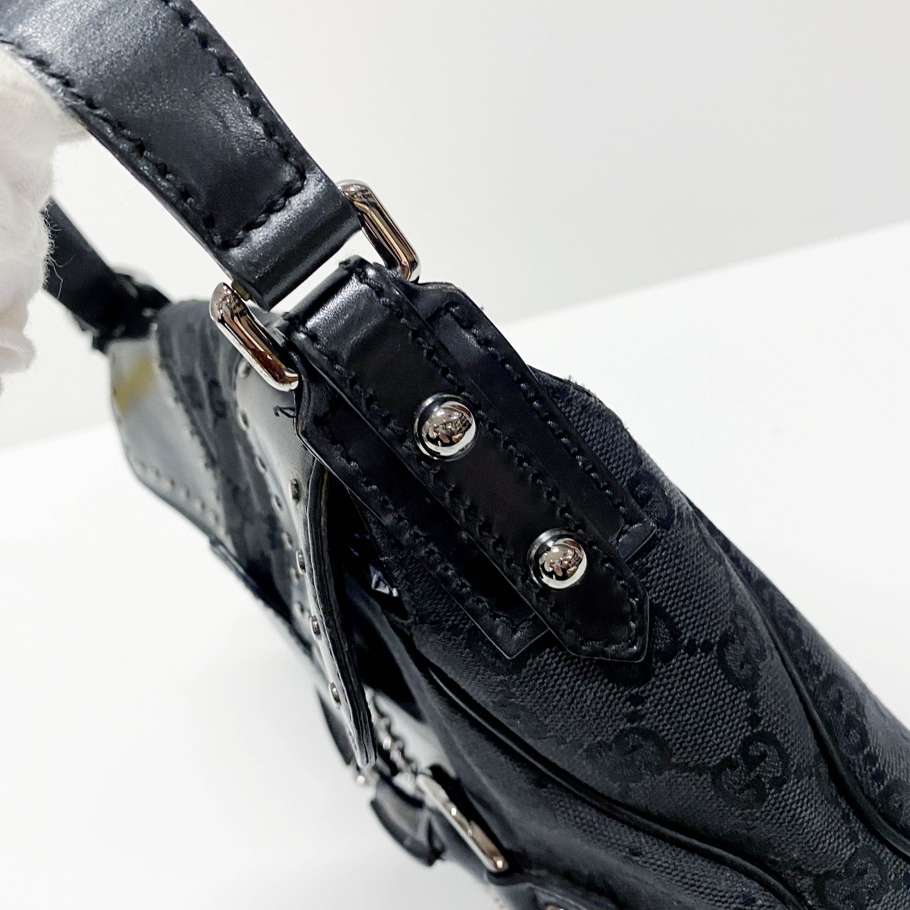GG Black Studded Horsebit Canvas Shoulder Bag