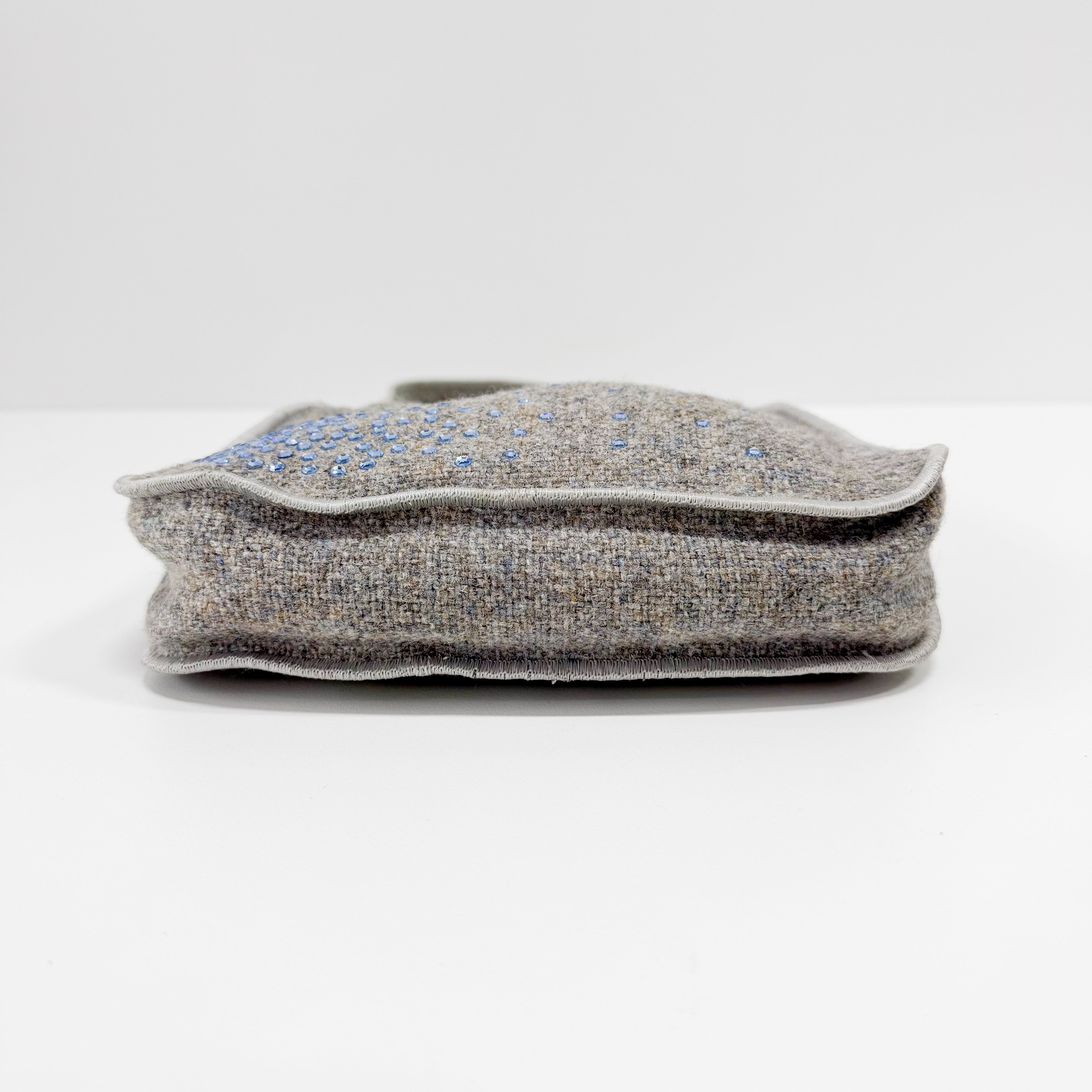 Grey Wool Rhinestone Shoulder Bag
