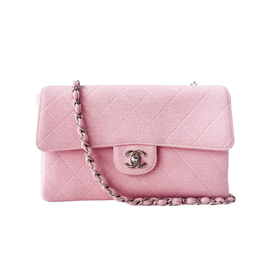 Timeless Classic Pink Cotton Single Flap Silver Chain Shoulder Bag