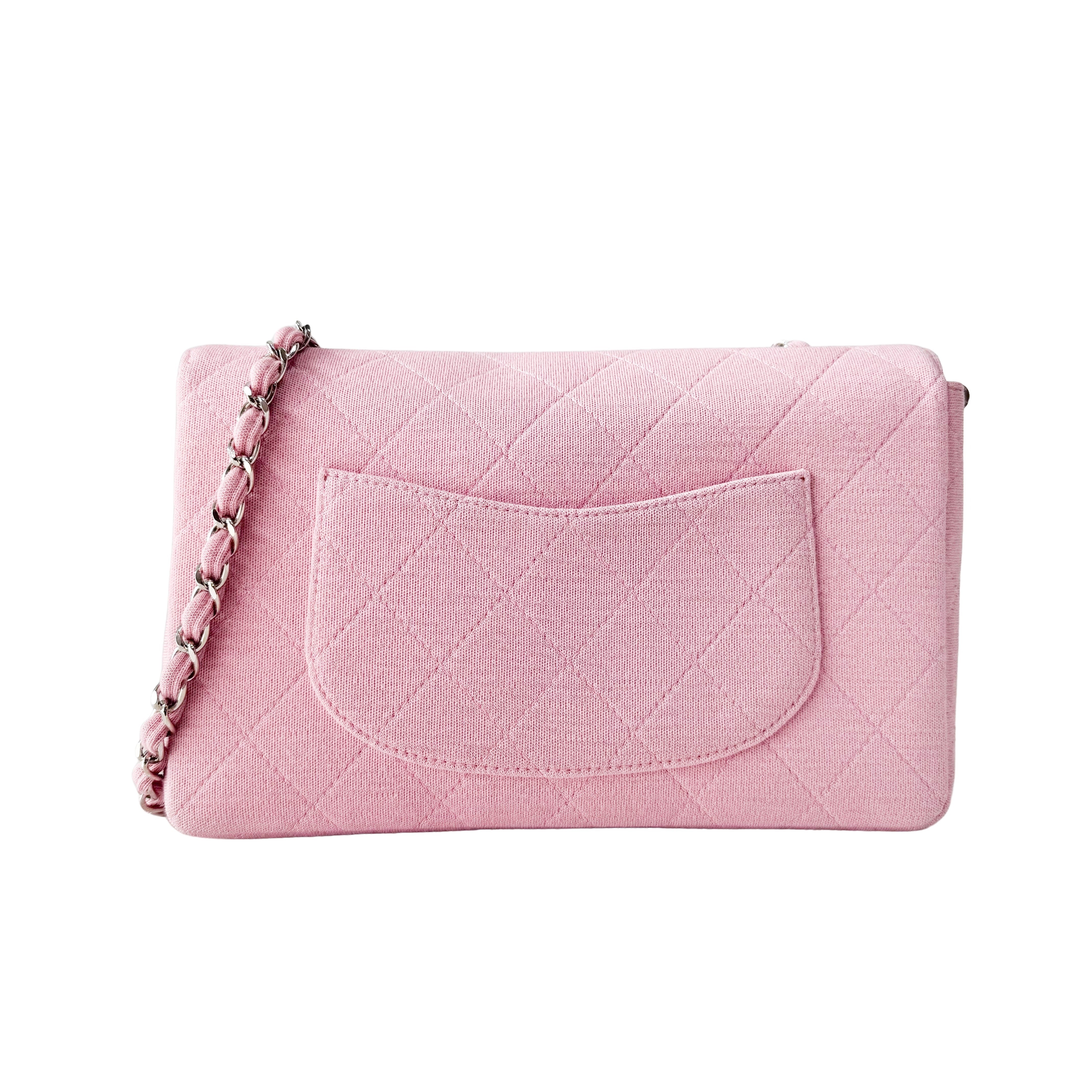 Timeless Classic Pink Cotton Single Flap Silver Chain Shoulder Bag