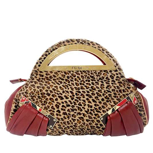 Leopard Print Red Leather and Geomatric Details Handle Bag