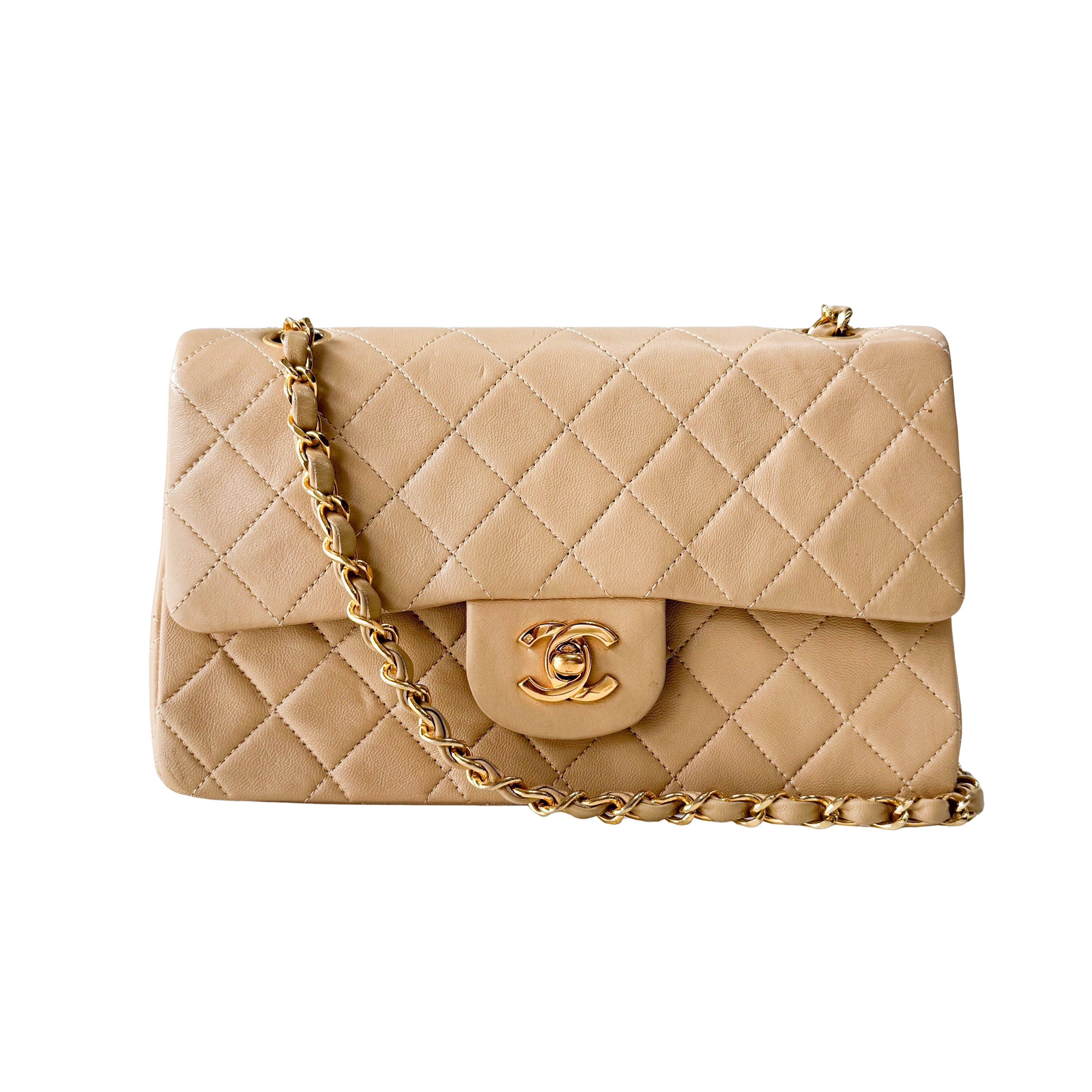 Timeless Classic Double Flap Beige Lamskin Chain Shoulder Bag 23