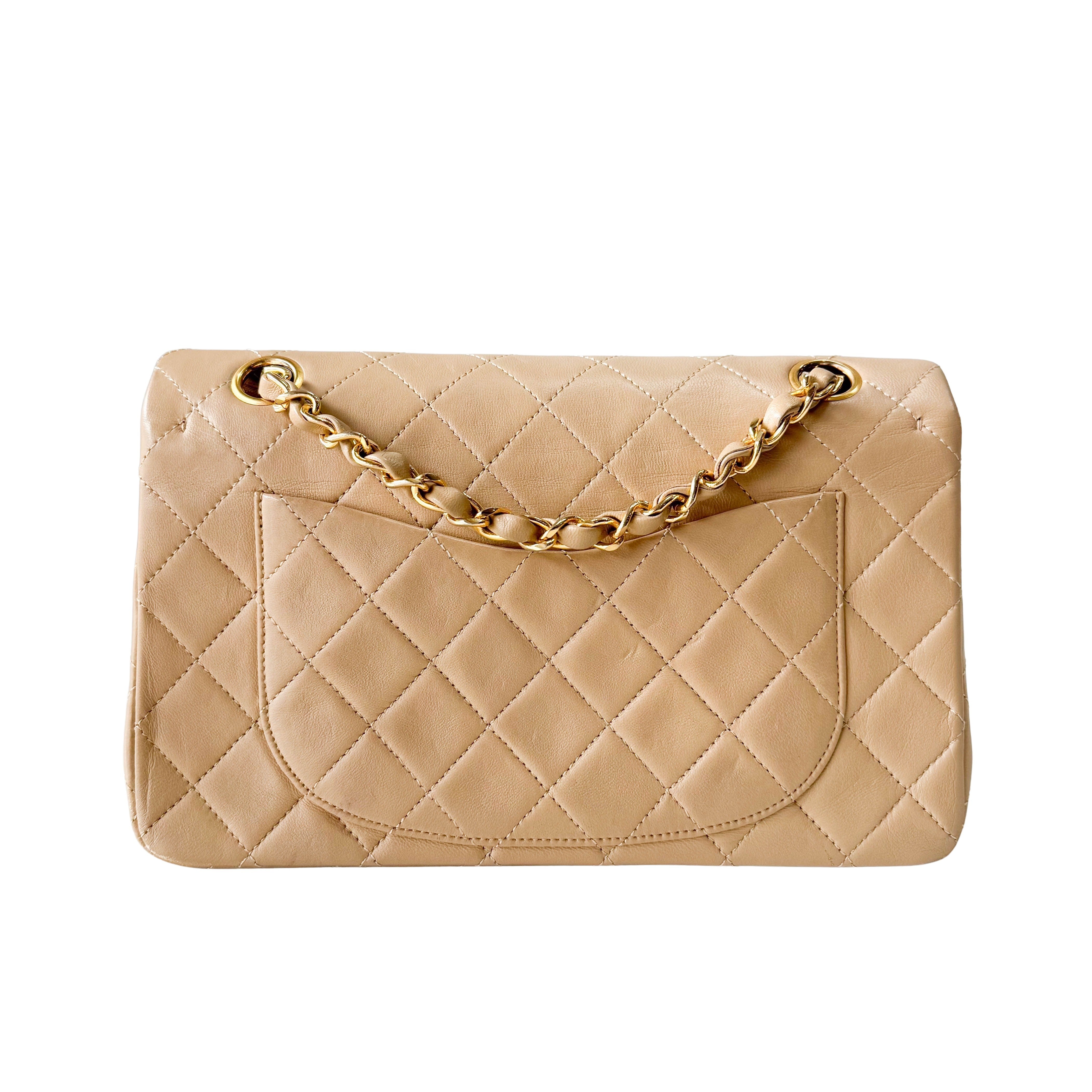 Timeless Classic Double Flap Beige Lamskin Chain Shoulder Bag 23