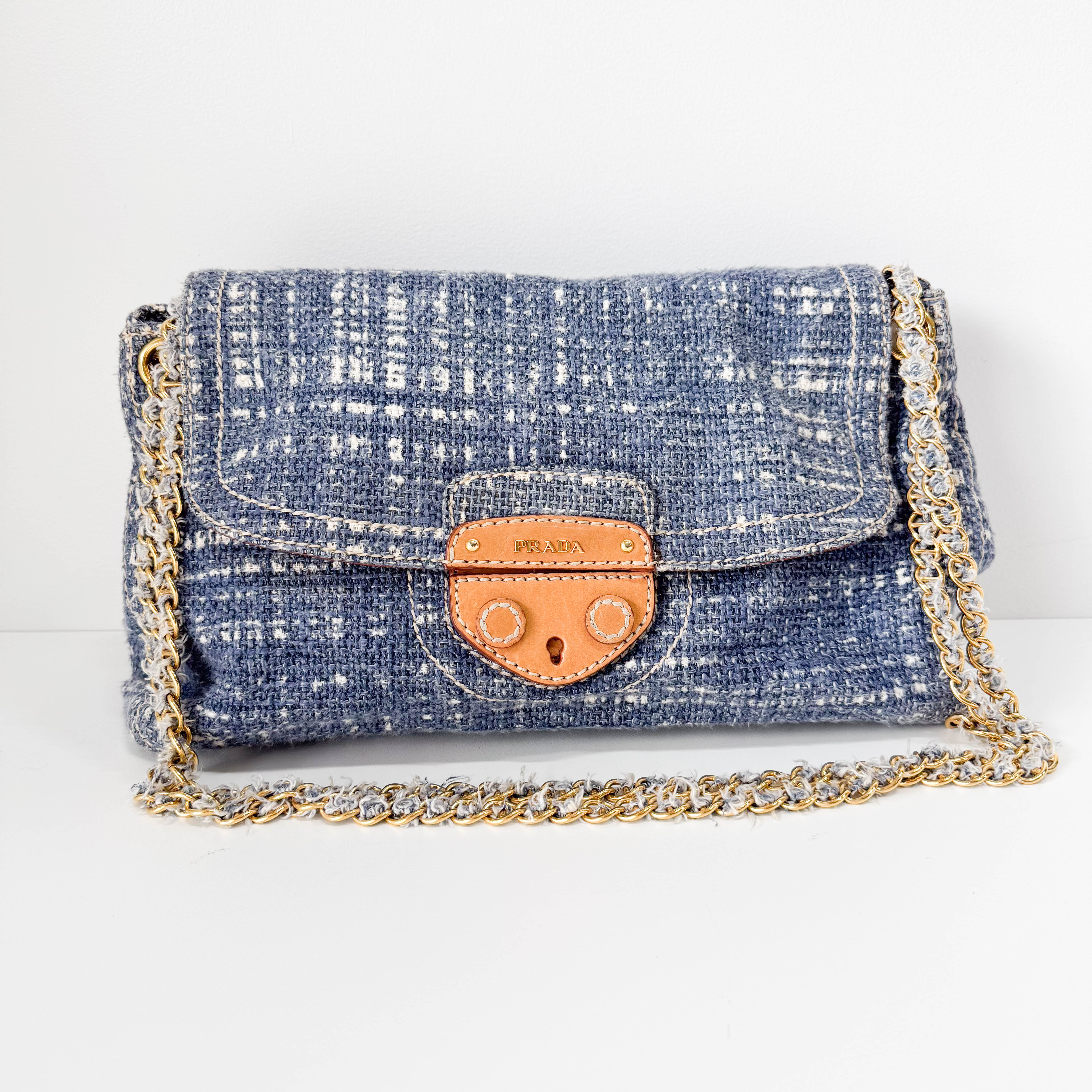 Blue Tweed Chain Shoulder Bag