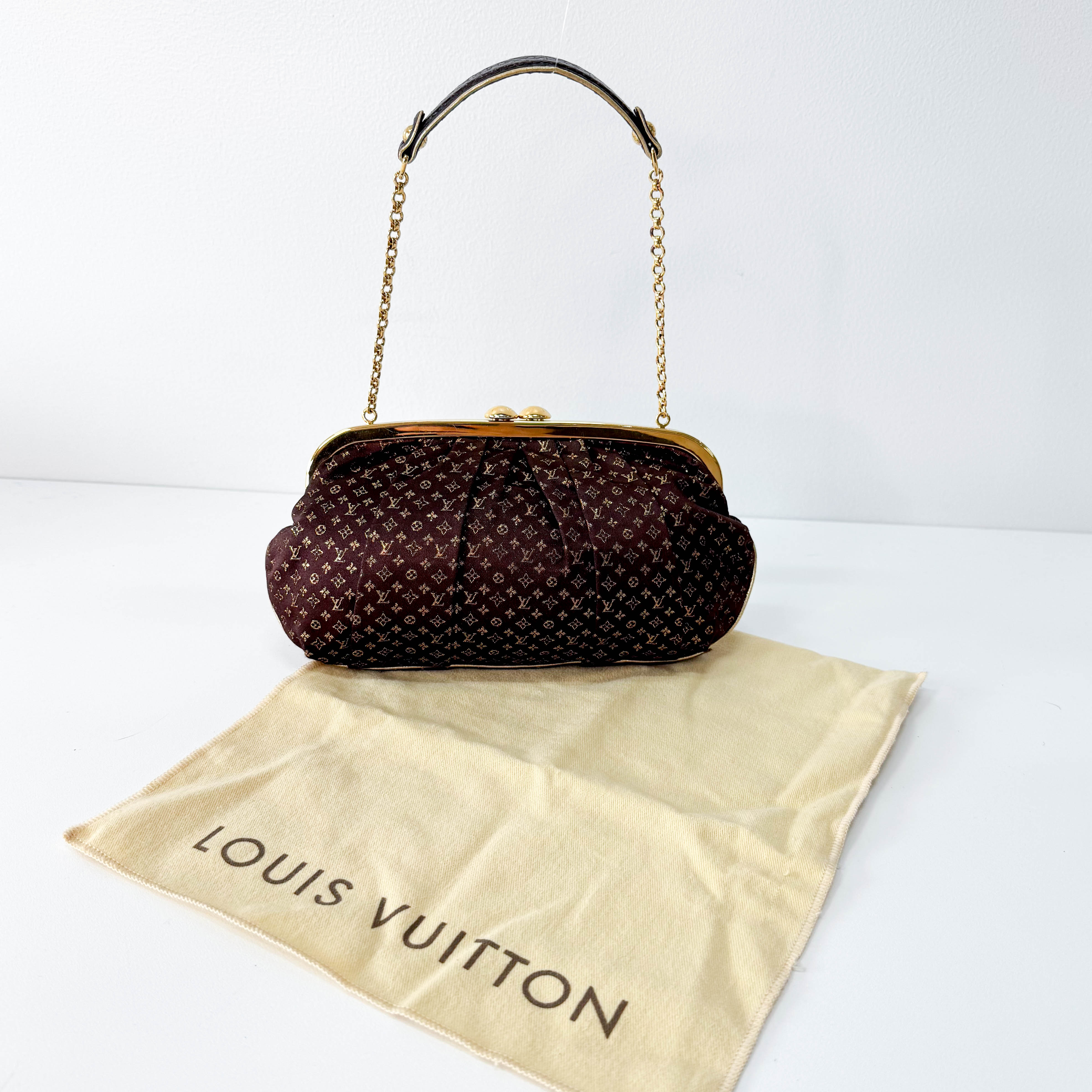 Monogram Satin Aumoniere Evening Clutch Bag