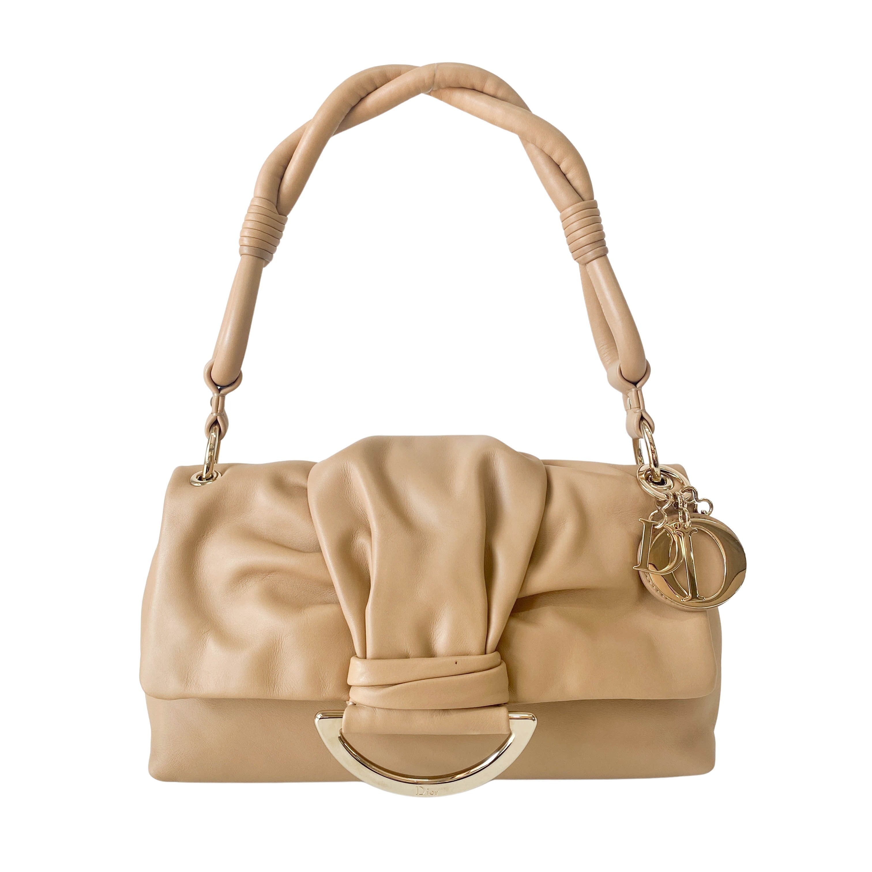 Beige Leather Braided Handle Bag with Charm
