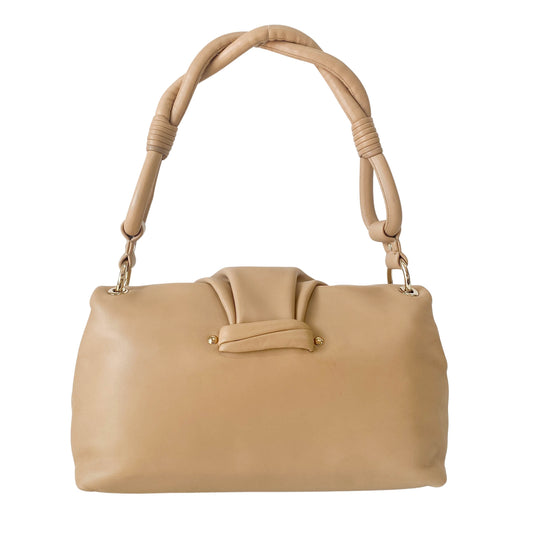 Beige Leather Braided Handle Bag with Charm